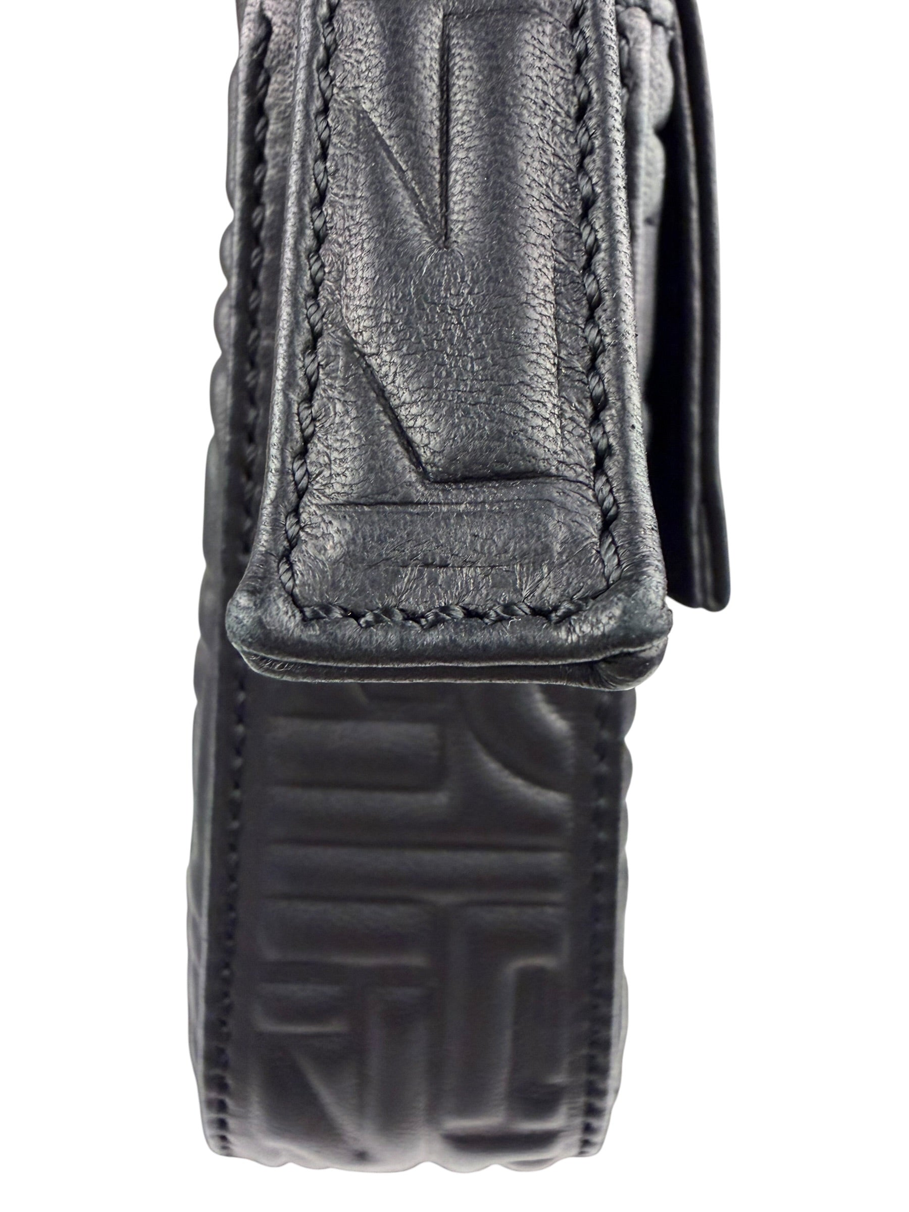 Fendi Black Leather 3D Logo Embossed Baguette