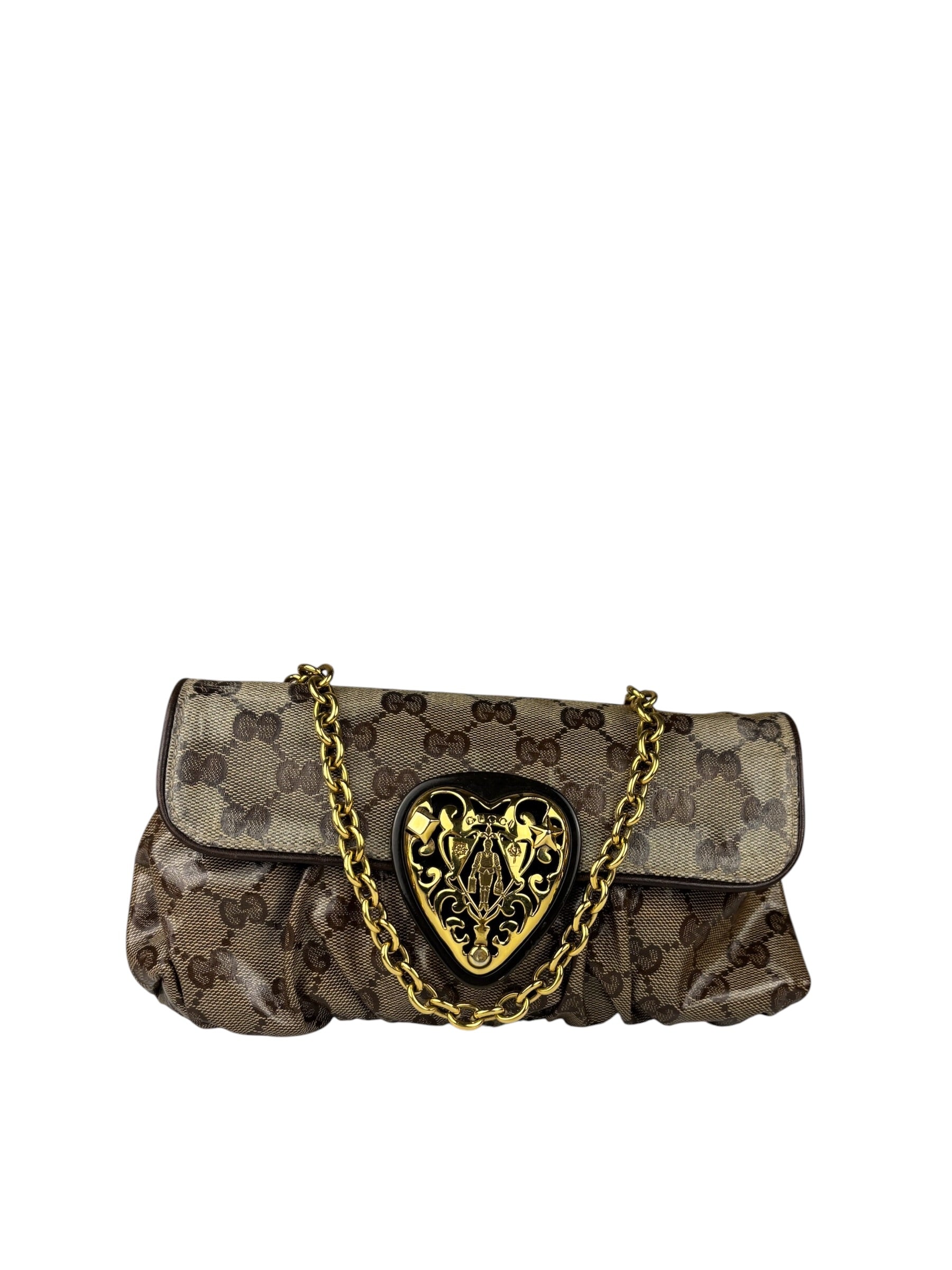 Gucci Brown Patent Leather GG Crystal Babouska Hysteria Pochette