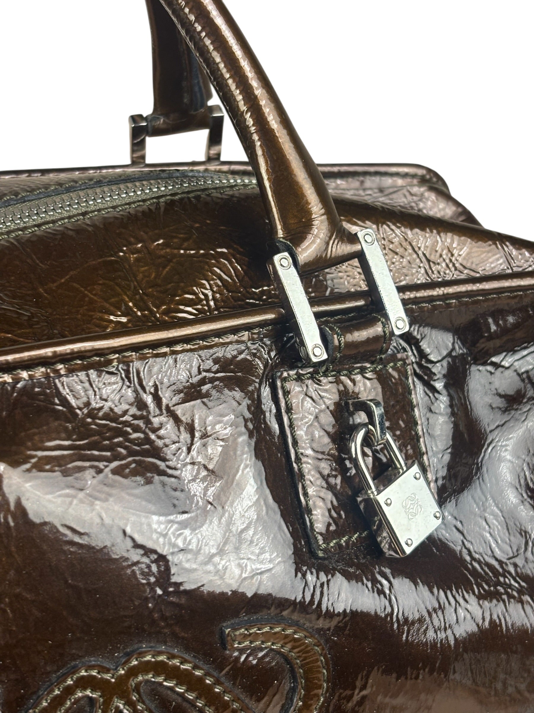 Loewe Vintage Brown Patent Leather Amazona Handbag