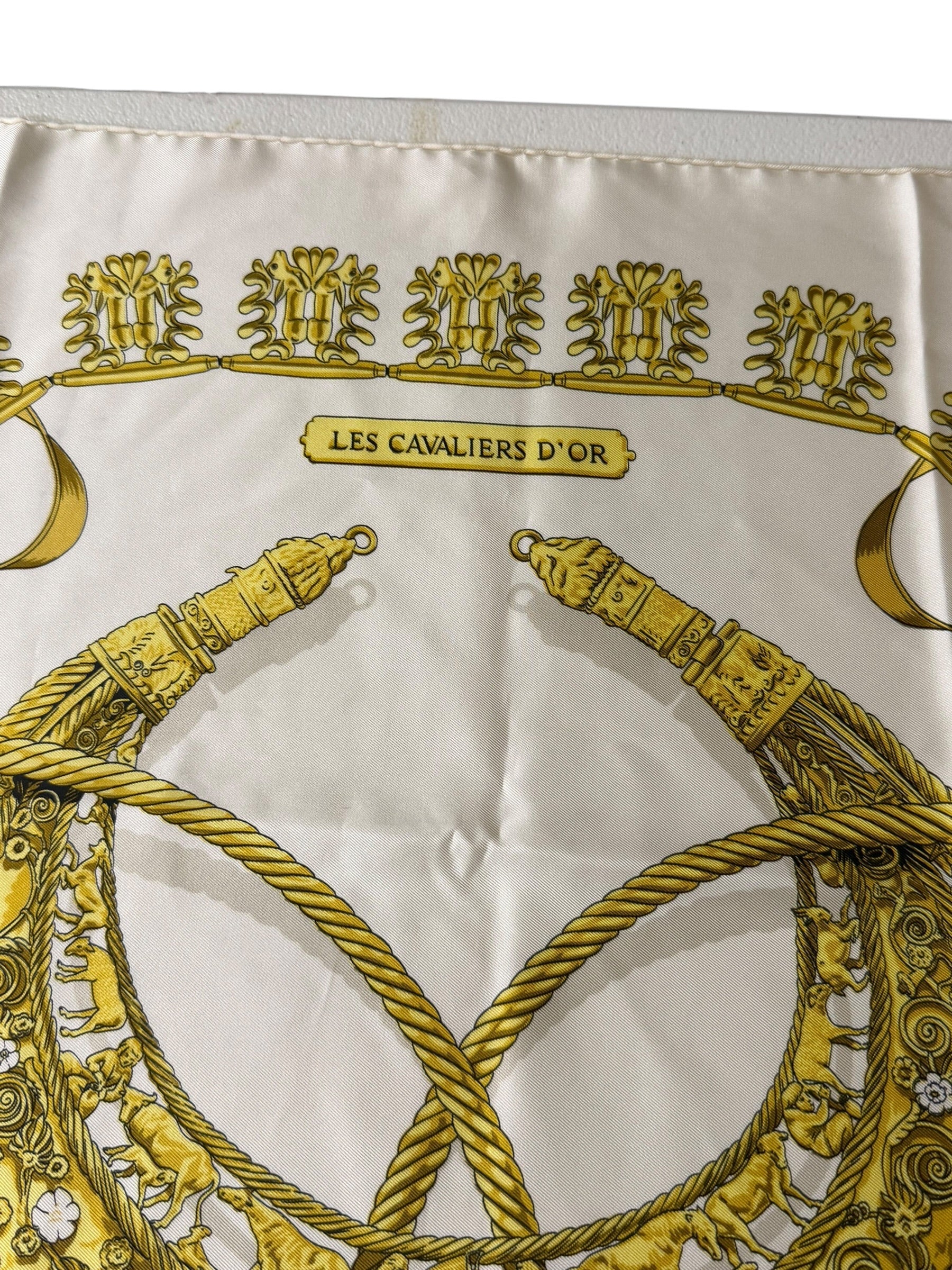 Hermes Ivory Gold Emblem Print Silk Scarf