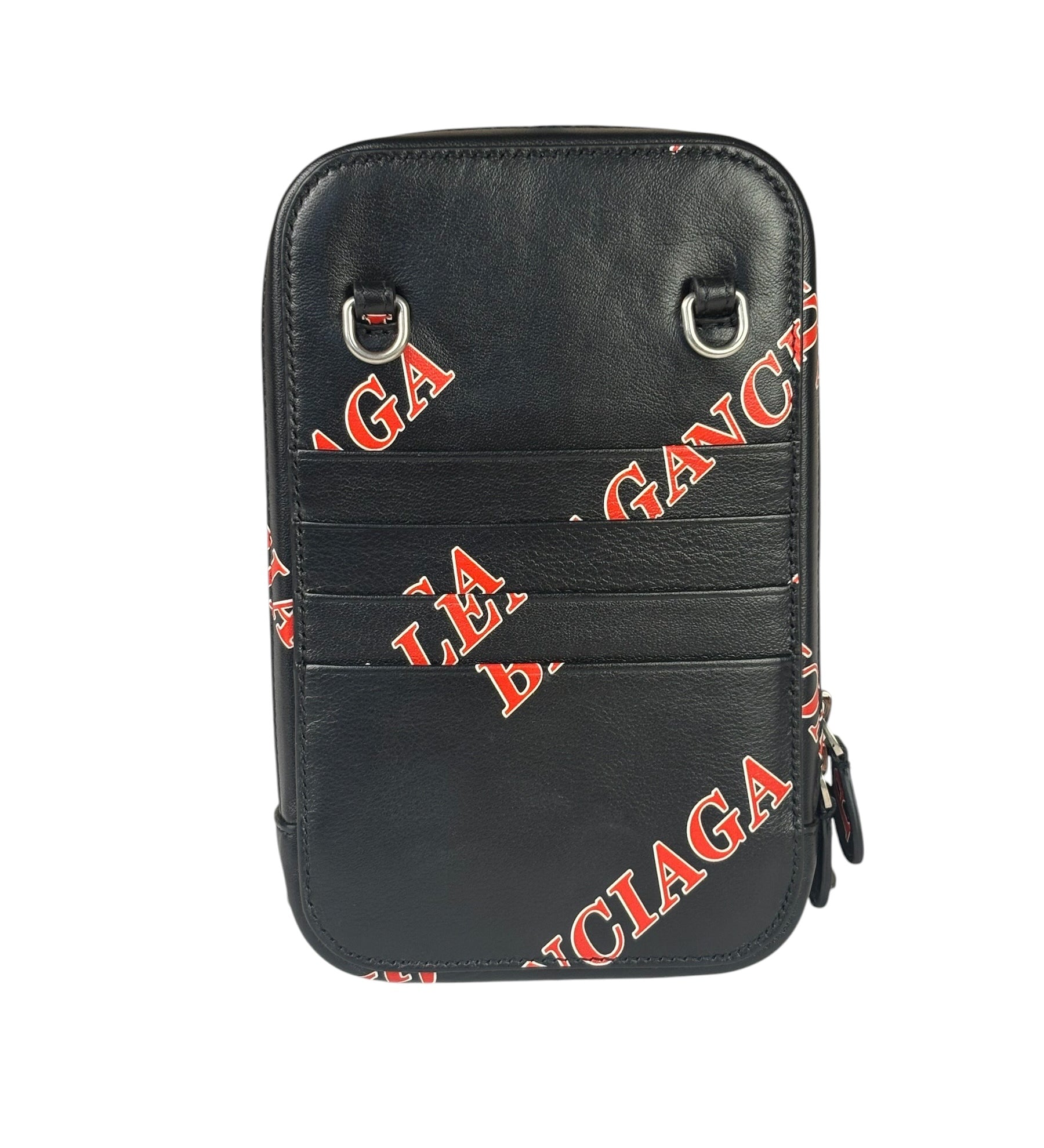 Balenciaga Black Leather Logo Print Phone/Card Holder
