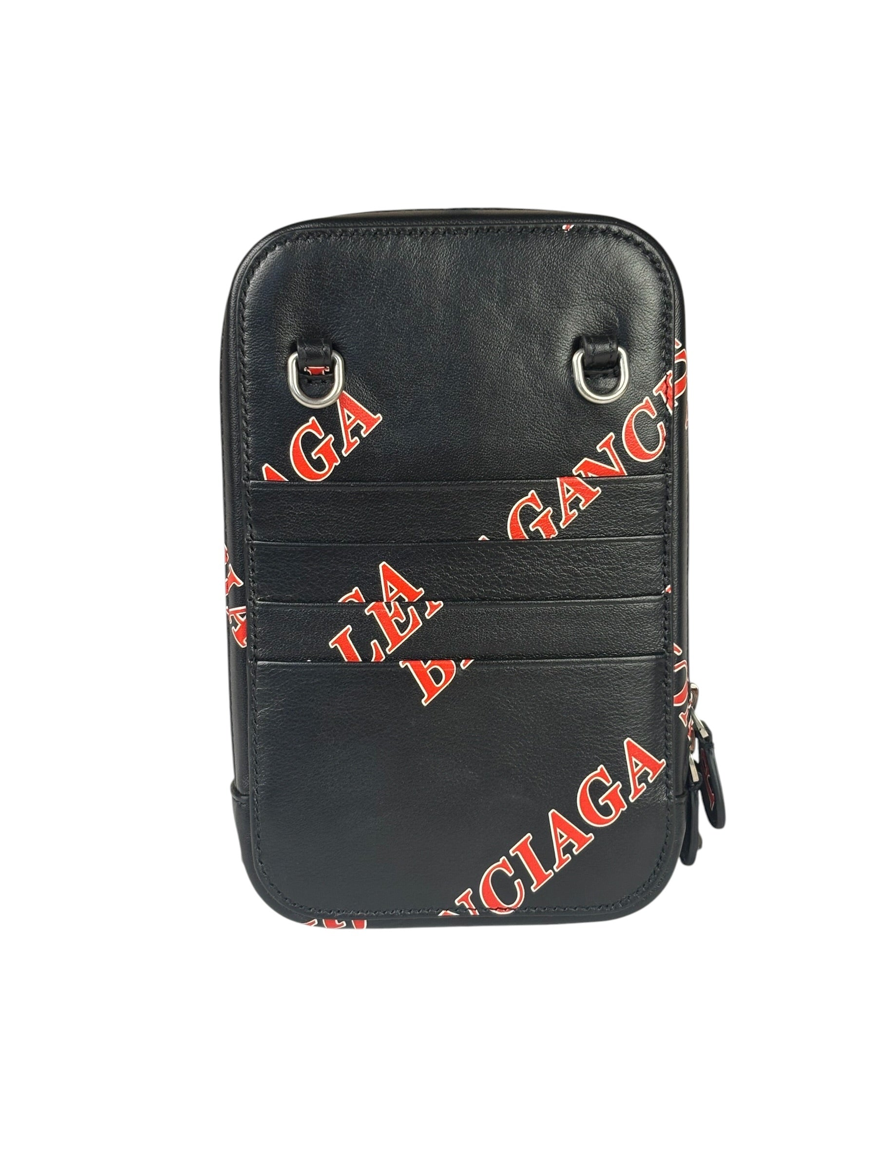 Balenciaga Black Leather Logo Print Phone/Card Holder