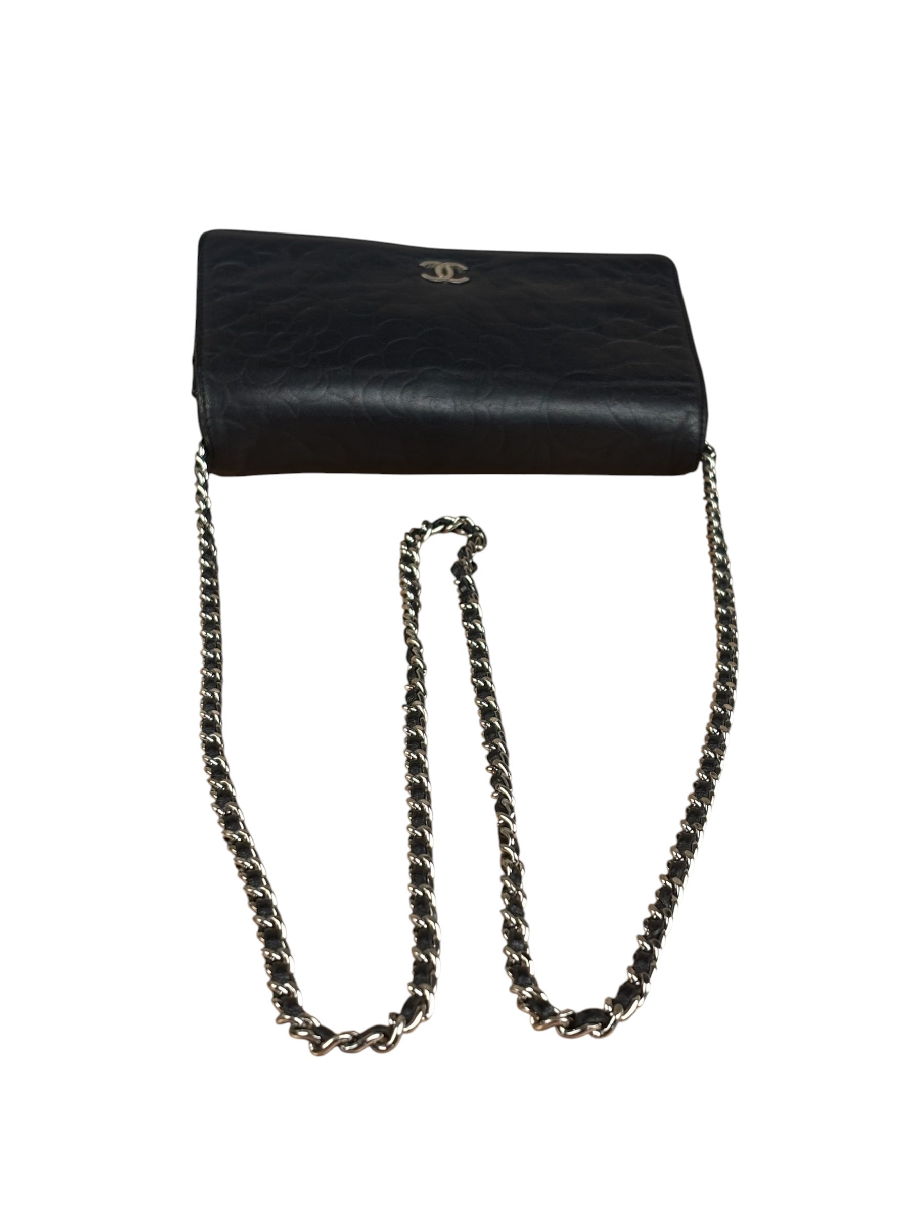 Chanel Black Leather Camellia Embossed Chain Wallet 2012