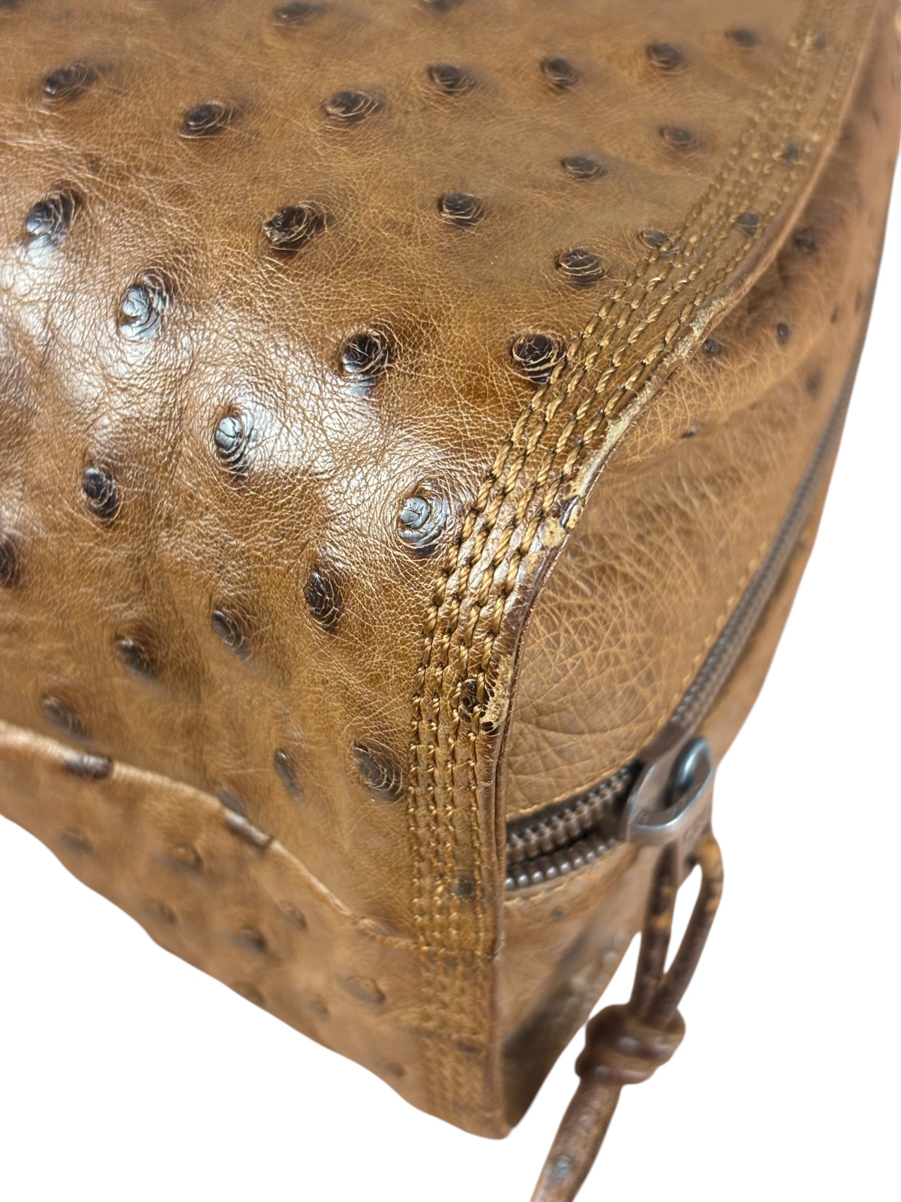 Loewe Vintage Brown Ostrich Print Leather Triangular Shoulder Bag
