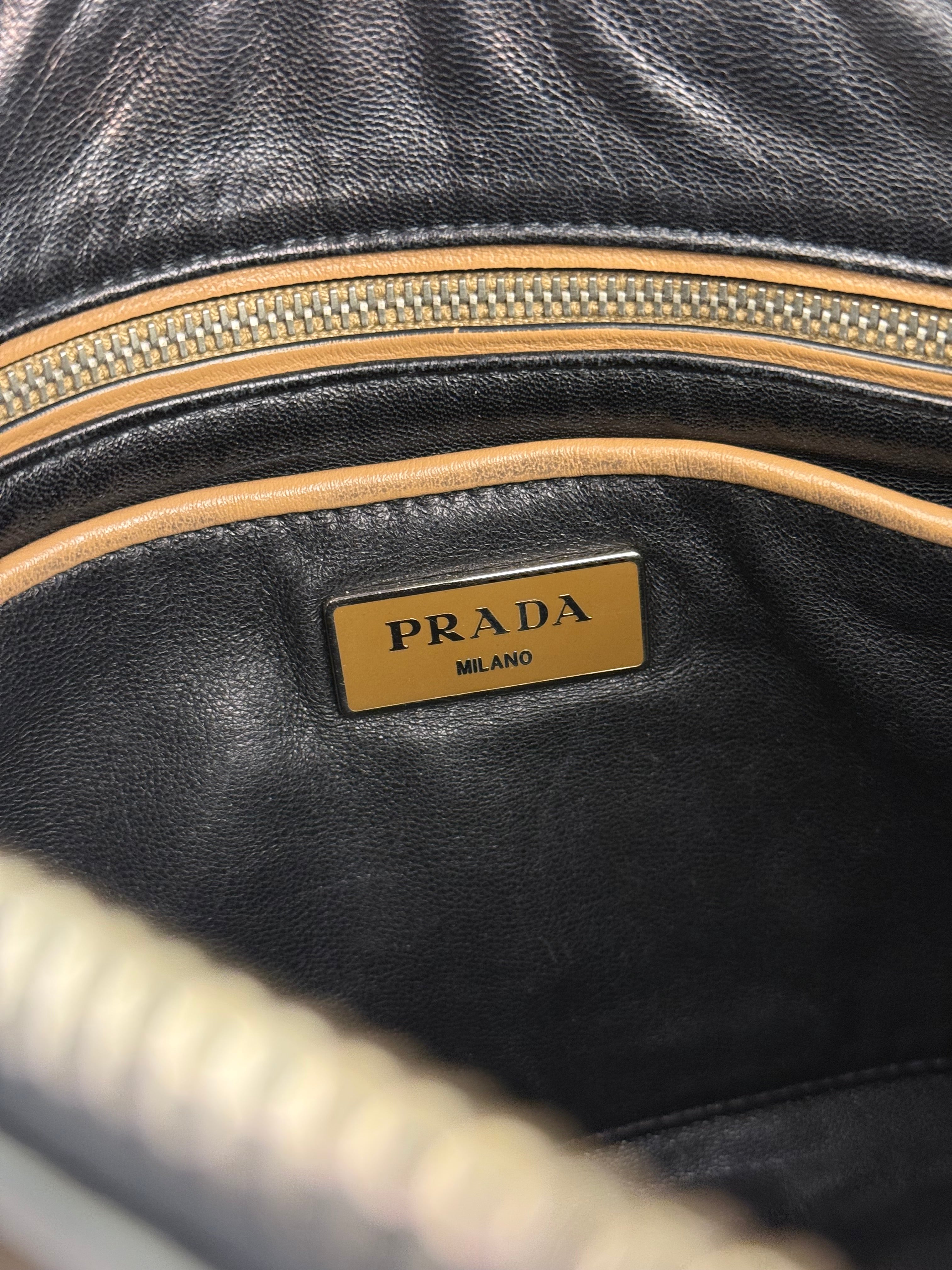 Prada Vintage Camel Leather Embroidery Clutch