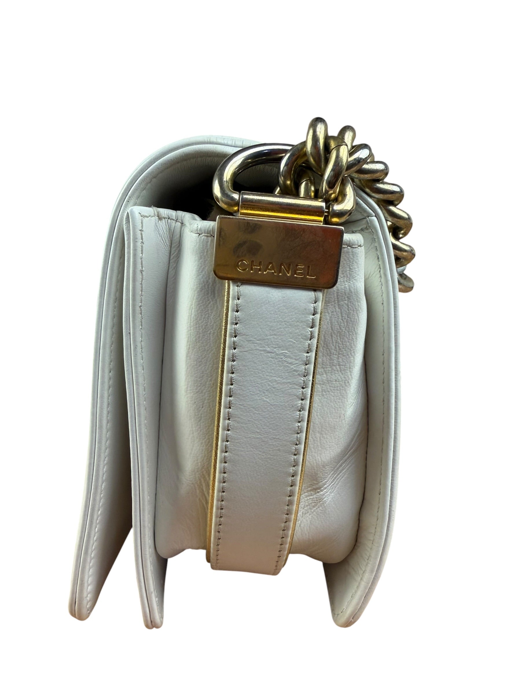 Chanel Vintage White Leather Braided Boy Shoulder Bag 1989