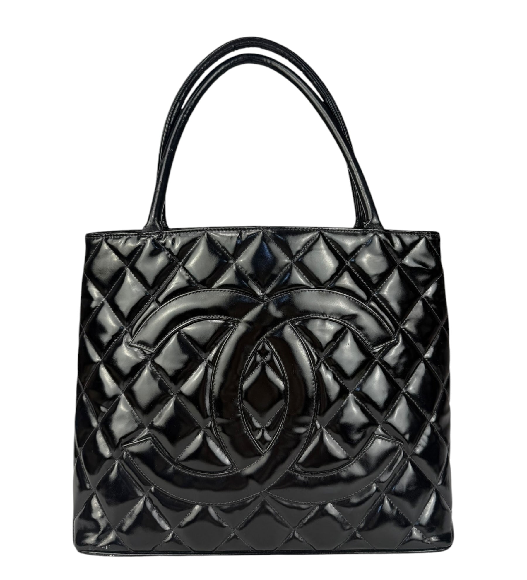 Chanel Black Patent Leather Medallion Tote Bag 1997