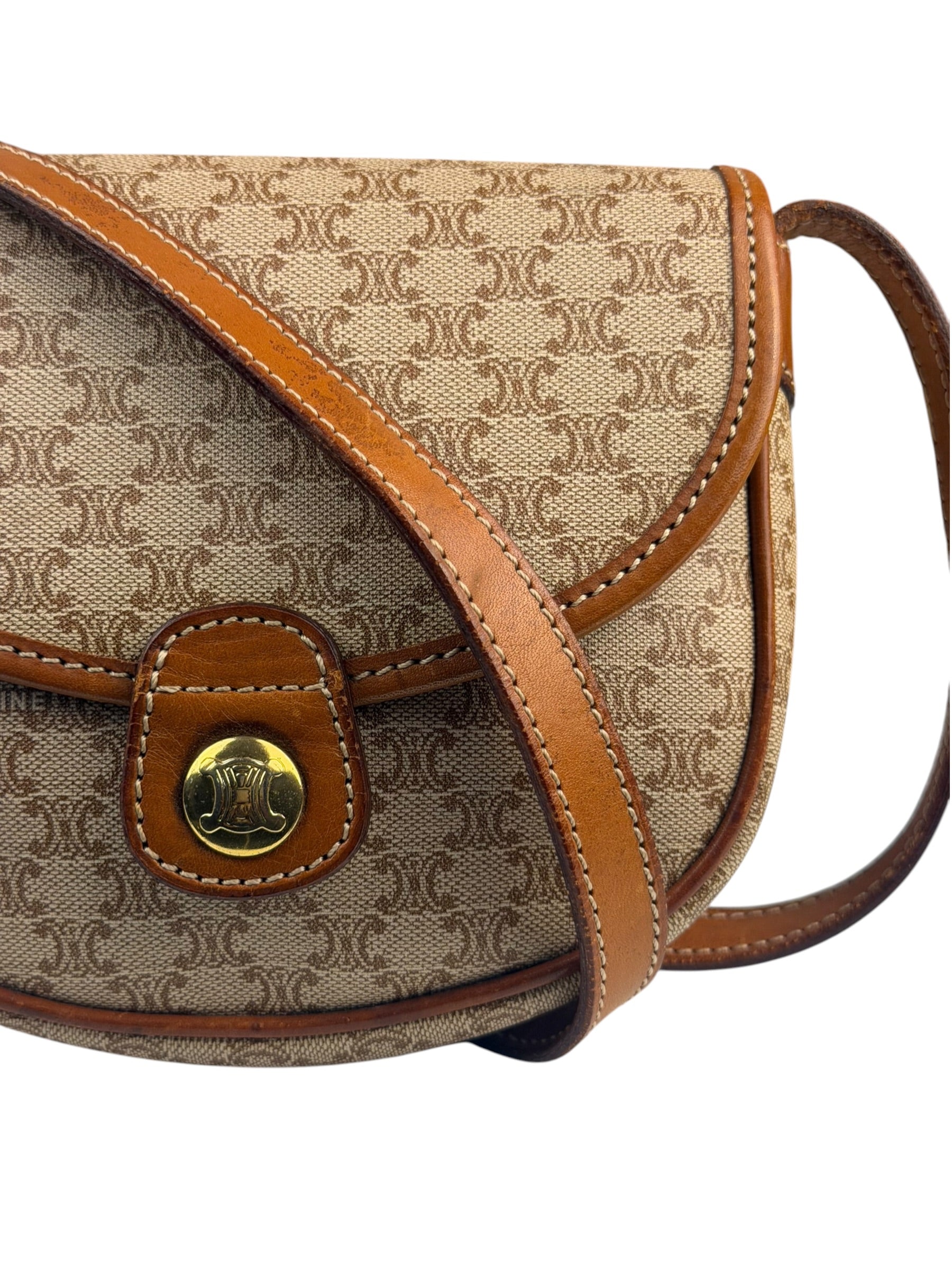 Celine Vintage Beige Leather Trim Macadam Mini Crossbody