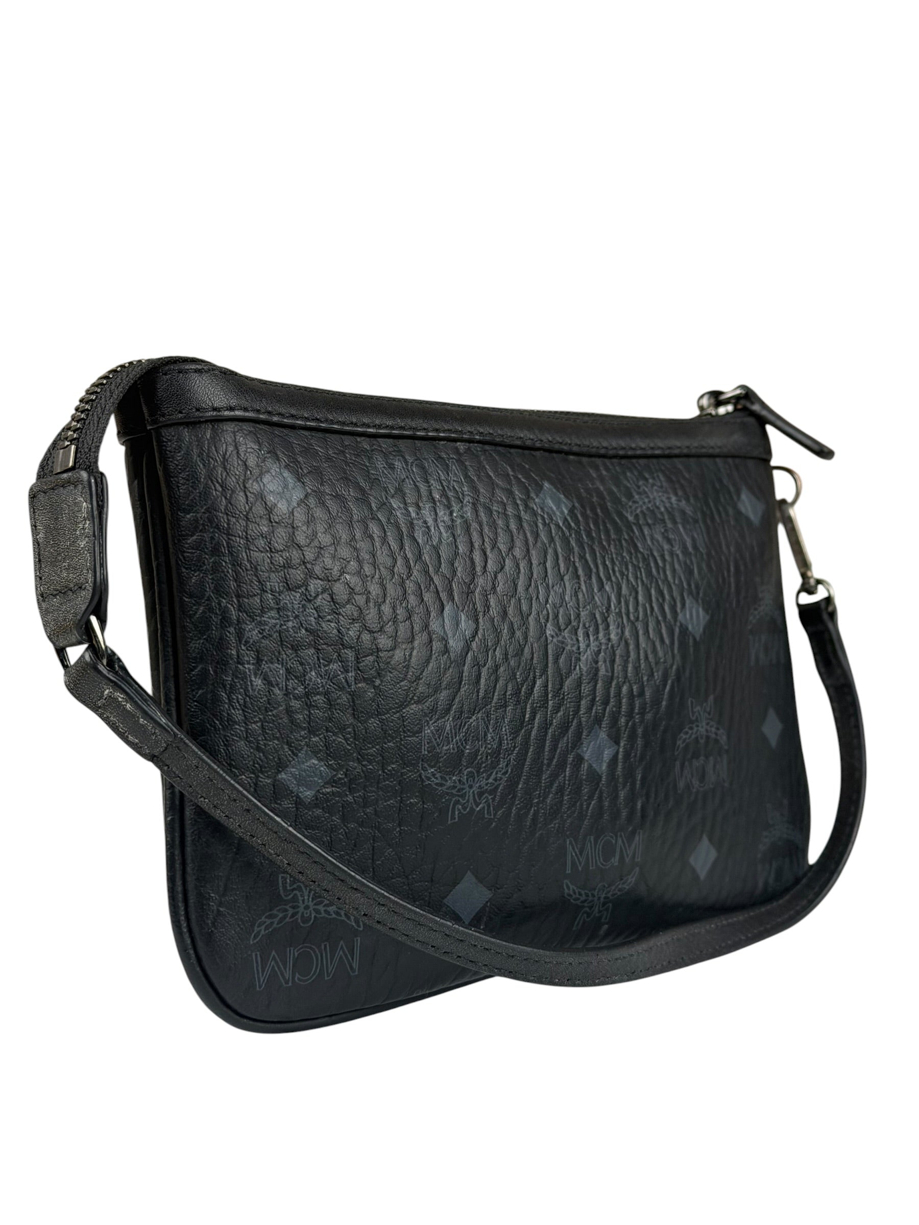 MCM Black Leather Visetos Monogram Pochette