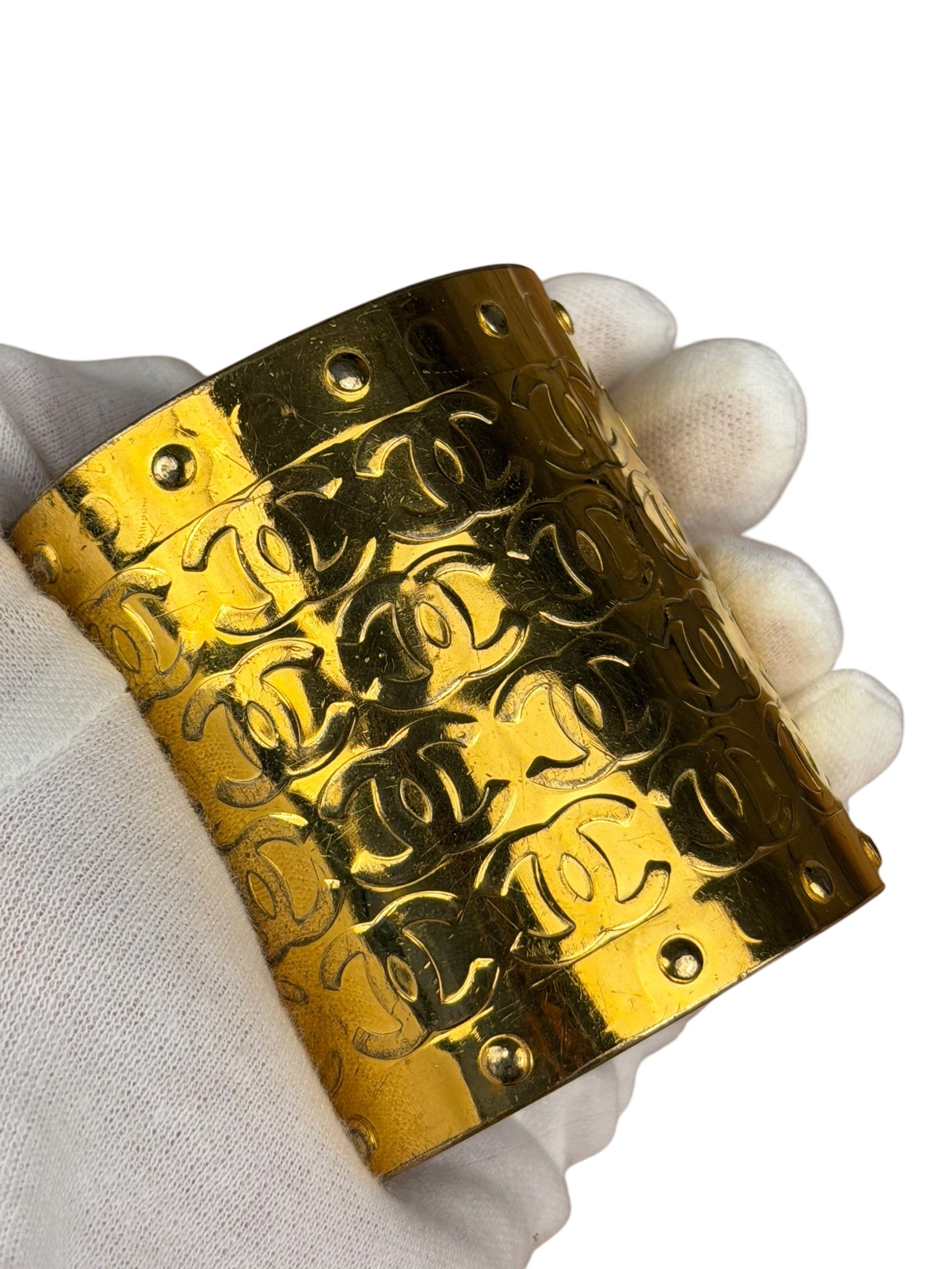 Chanel Vintage Gold CC Print Cuff Bracelet