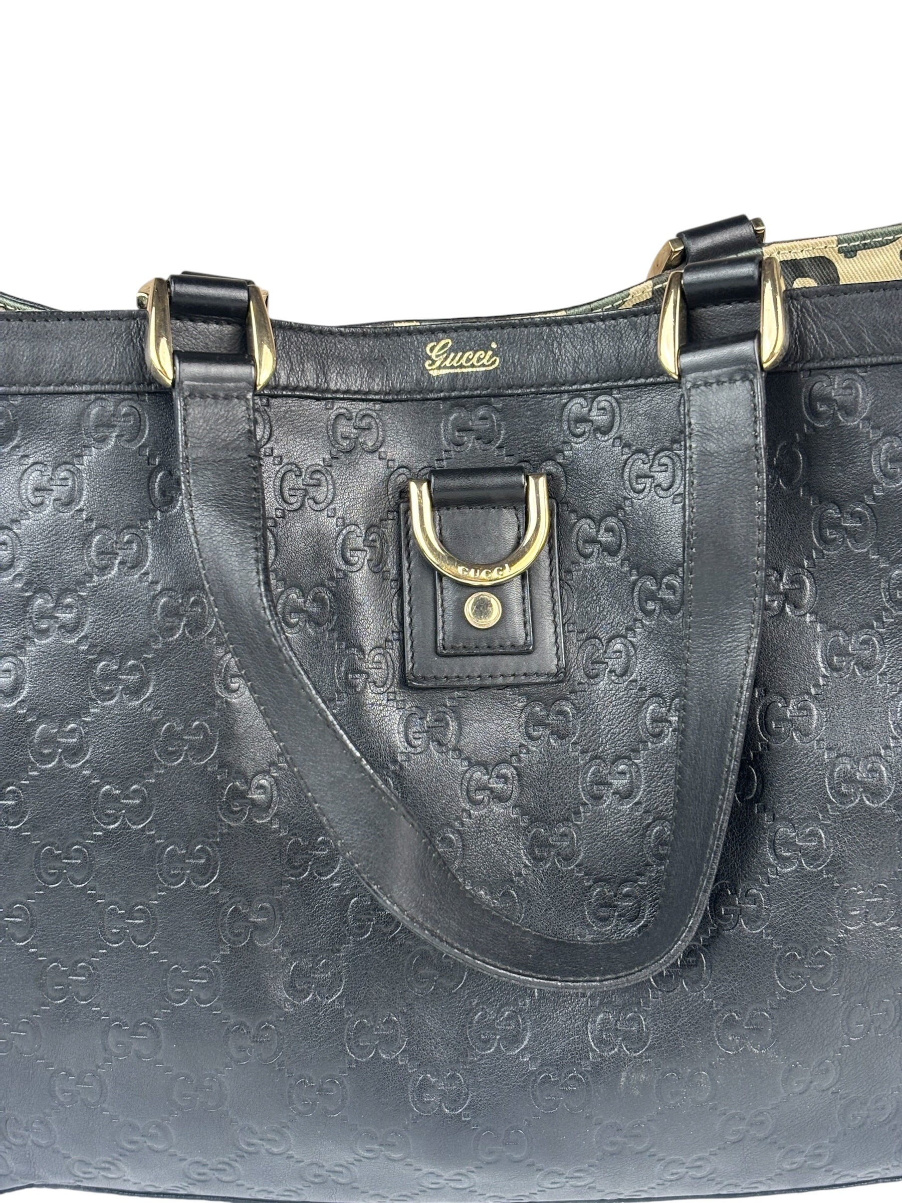 Gucci Black Leather GG Supreme D-Ring Abbey Tote