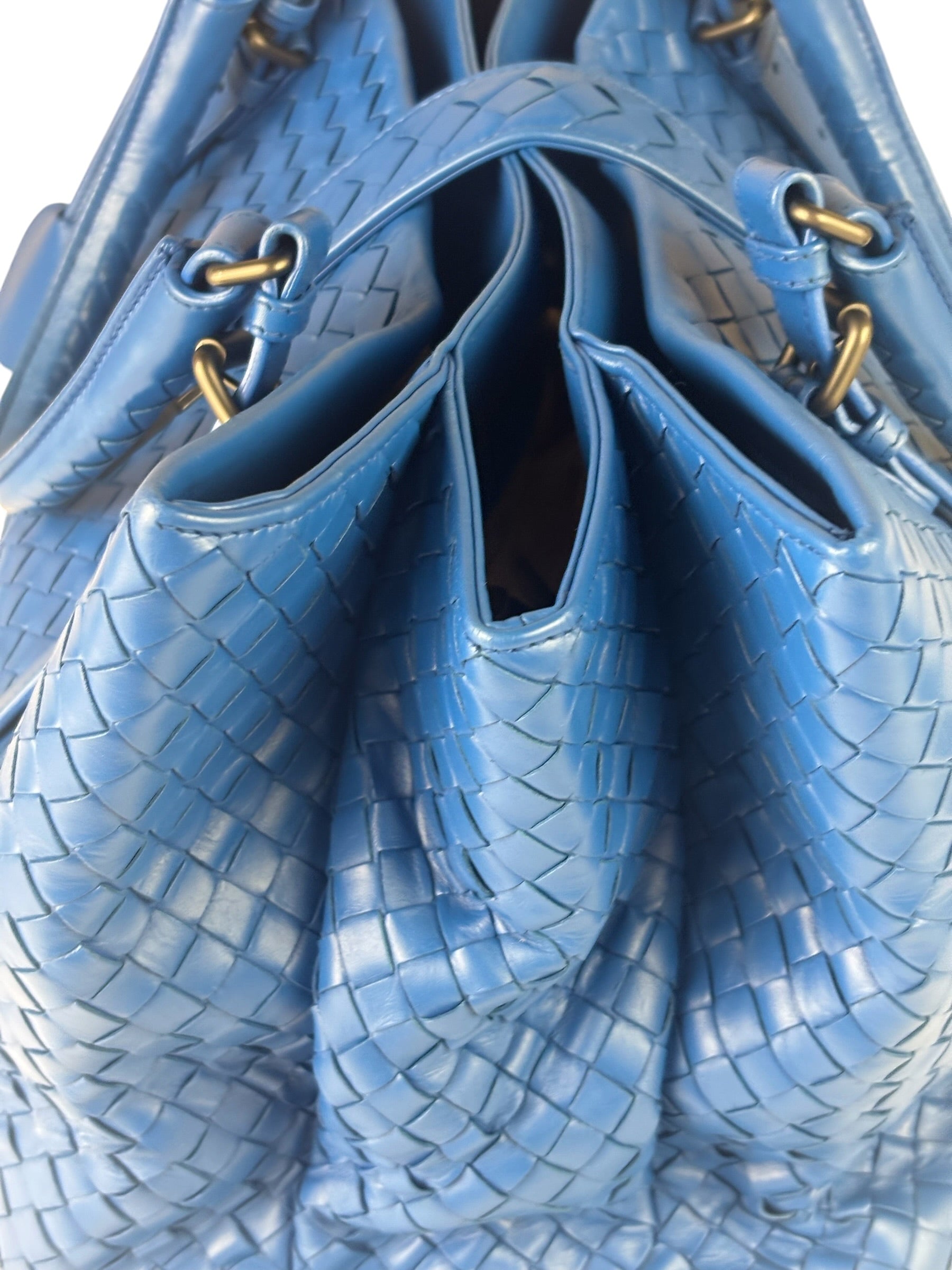 Bottega Venete Blue Lambskin Intrecciato Roma Tote