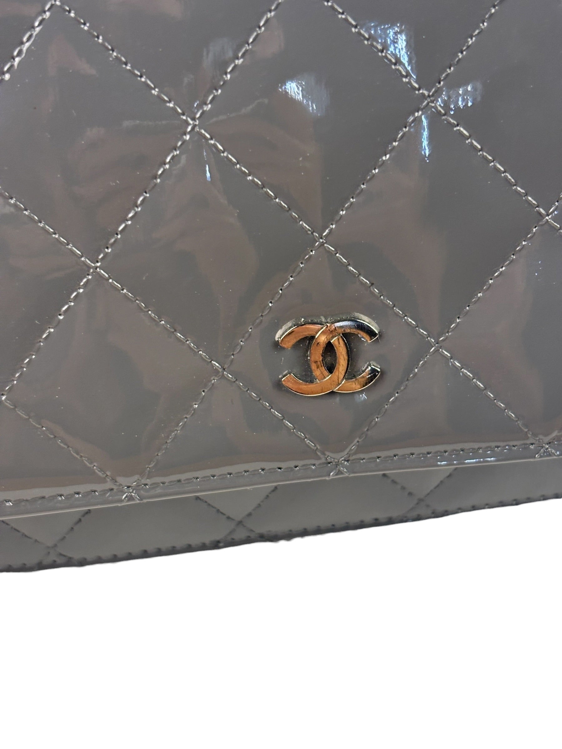Chanel Grey Quilted Patent Leather Wallet-On-Chain 2012