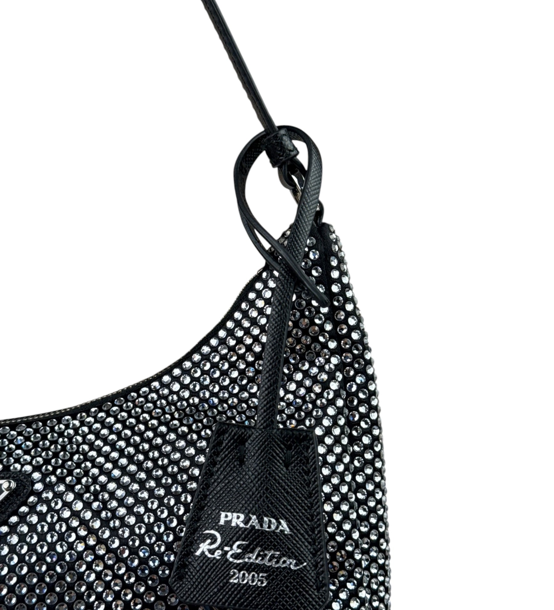 Prada Black Satin/Saffiano Leather Trim  Re-Edition Crystal-Studded Mini Pochette 2005