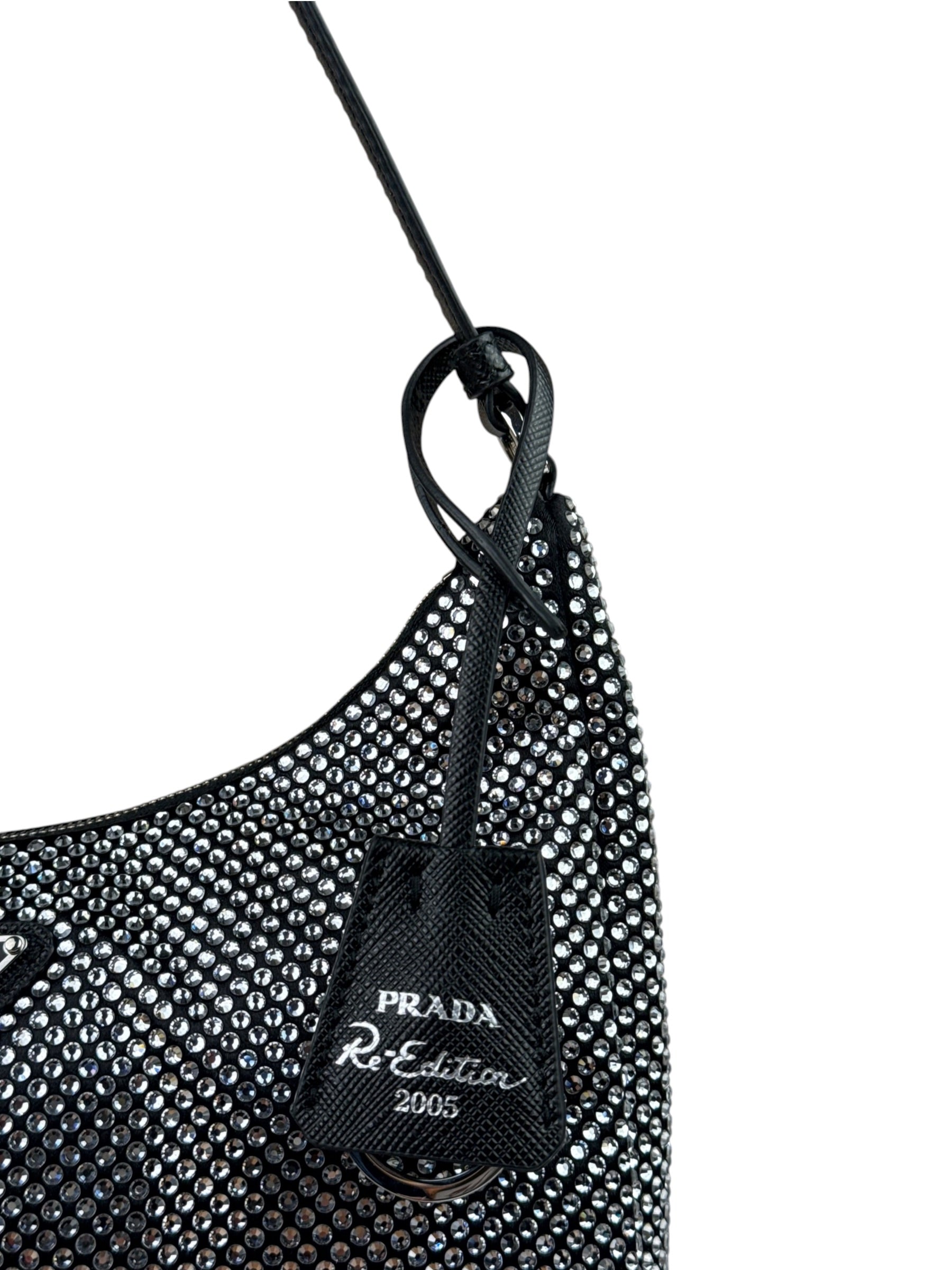 Prada Black Satin/Saffiano Leather Trim  Re-Edition Crystal-Studded Mini Pochette 2005