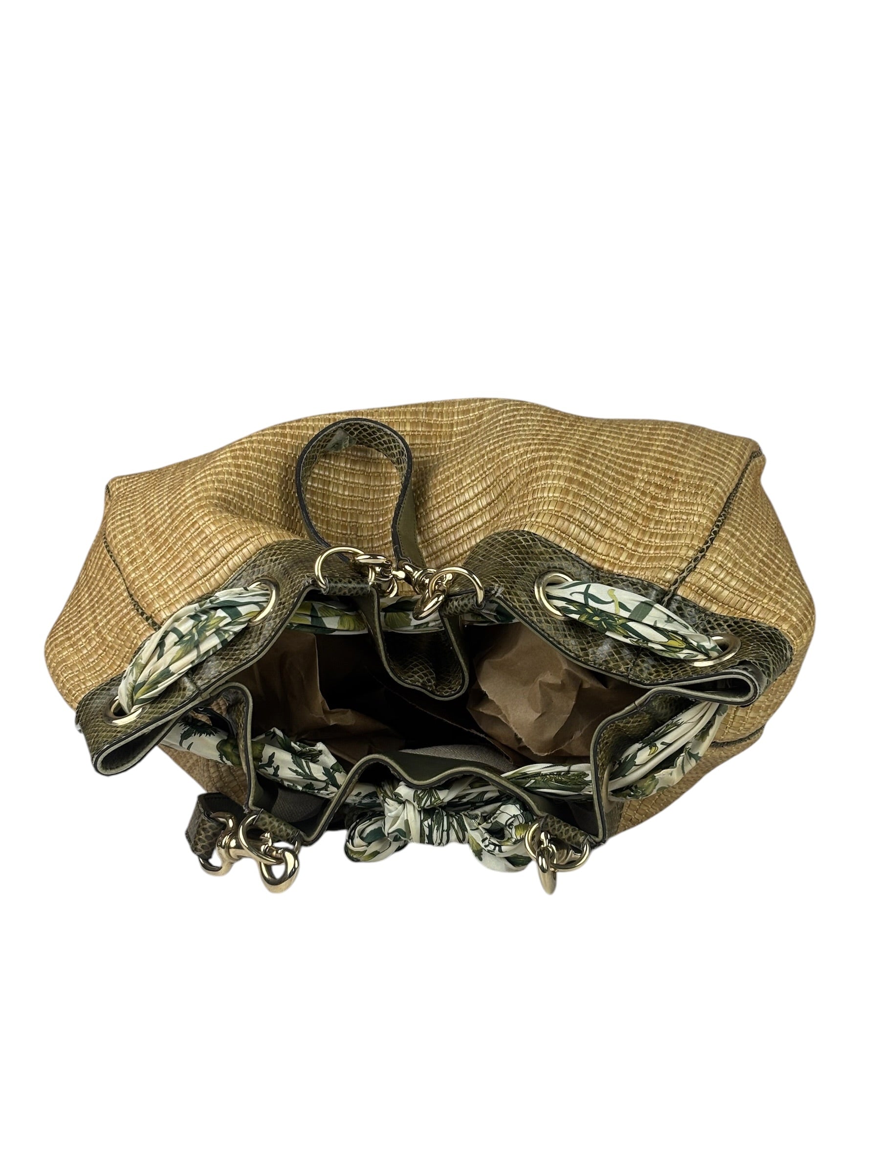 Gucci Brown Snakeskin Trim Large Raffia Positano Tote