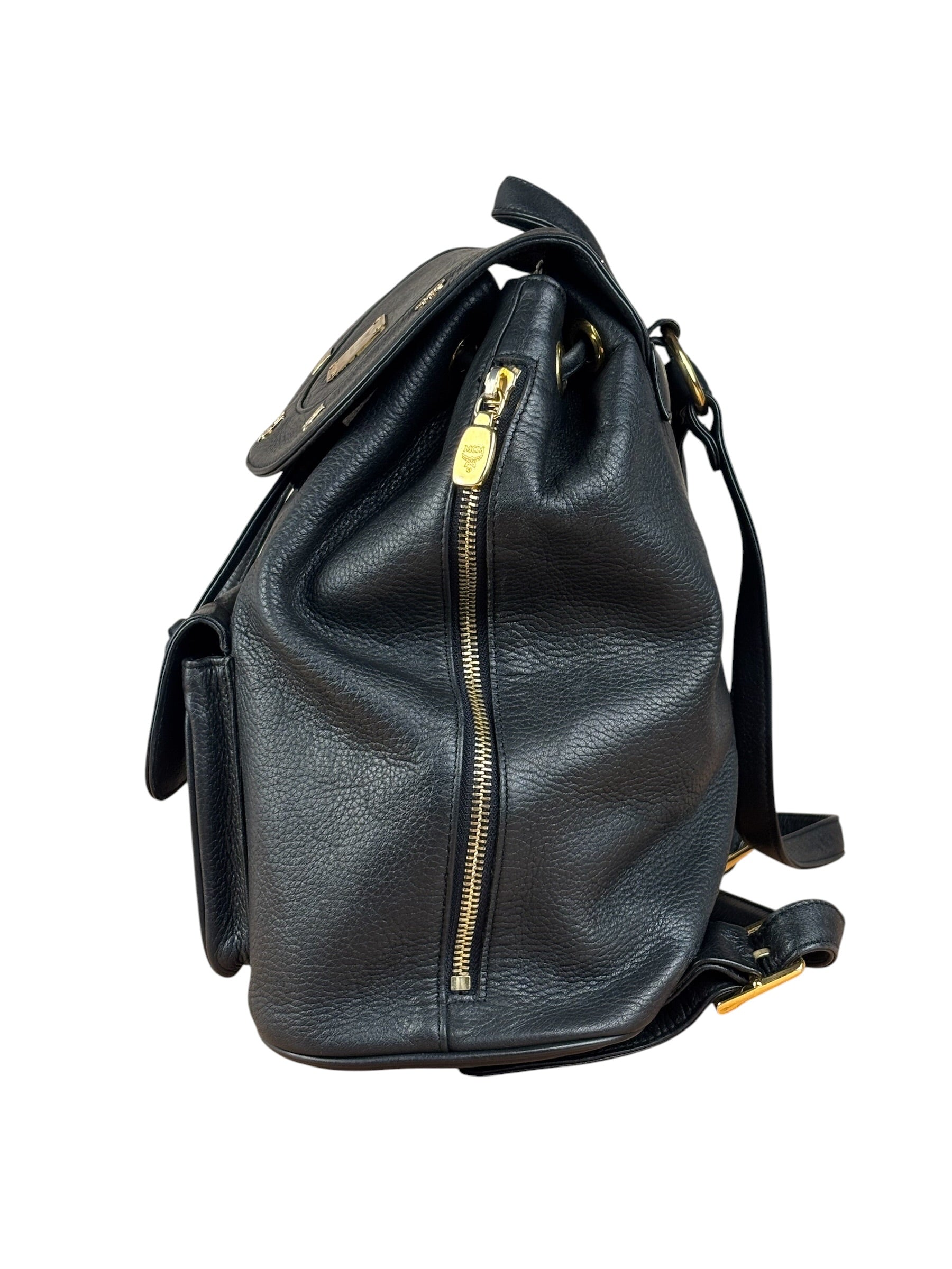 MCM Vintage Black Leather Studded Drawing Backpack
