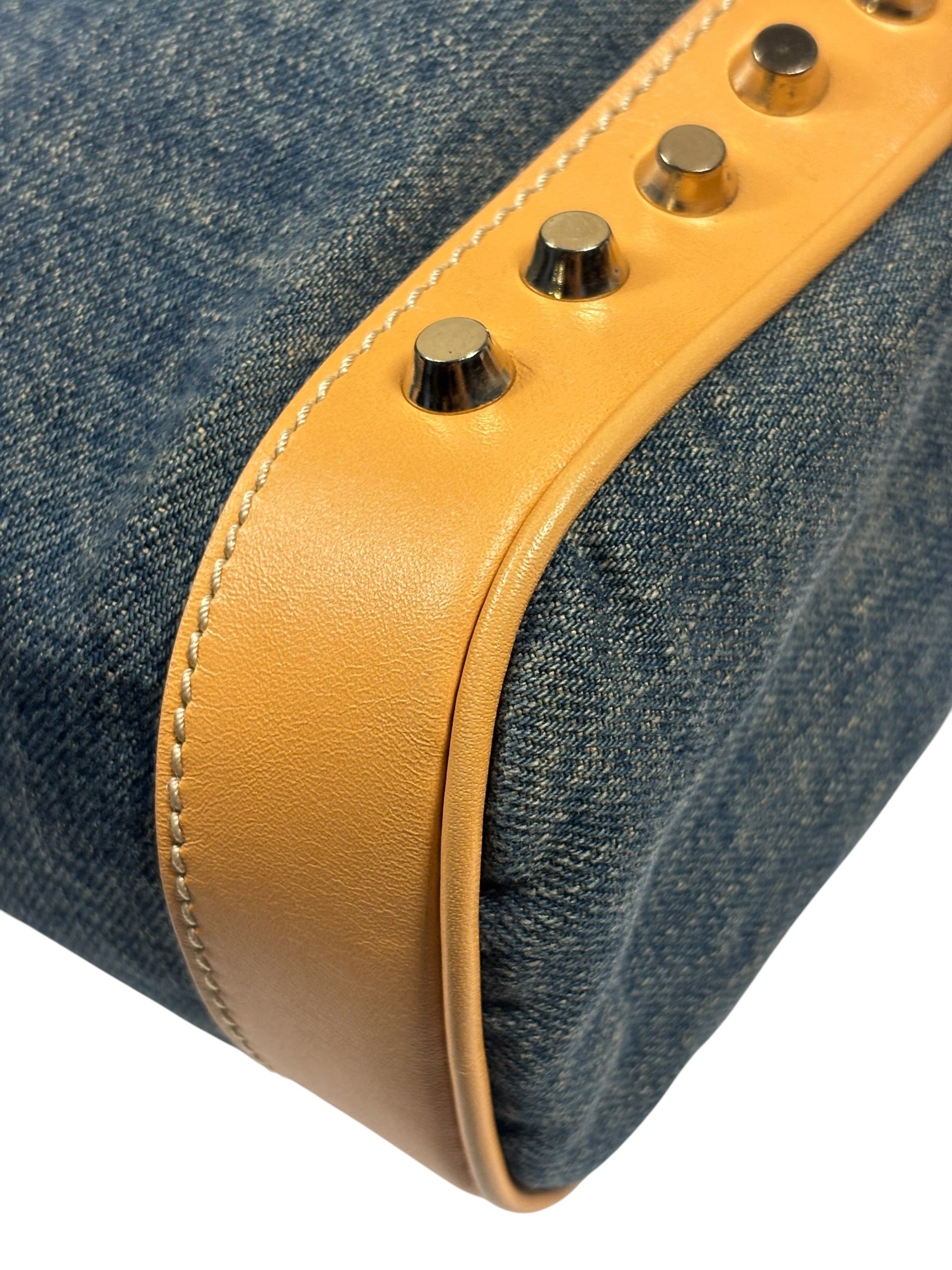 Fendi Blue/Brown Denim/Leather Trim Studded Shoulder Bag