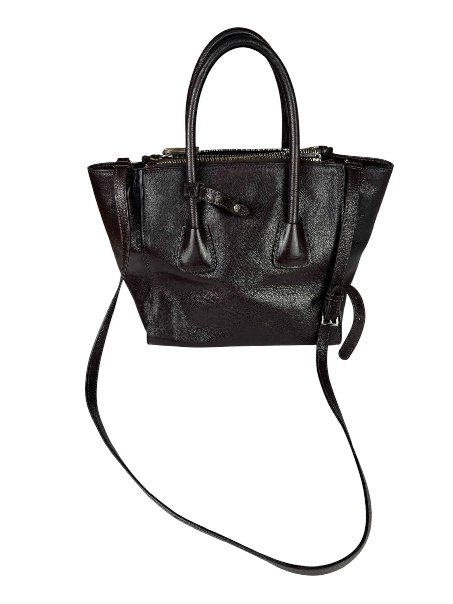 Prada Dark Brown Calf Leather Glace Twin-Pocket Tote