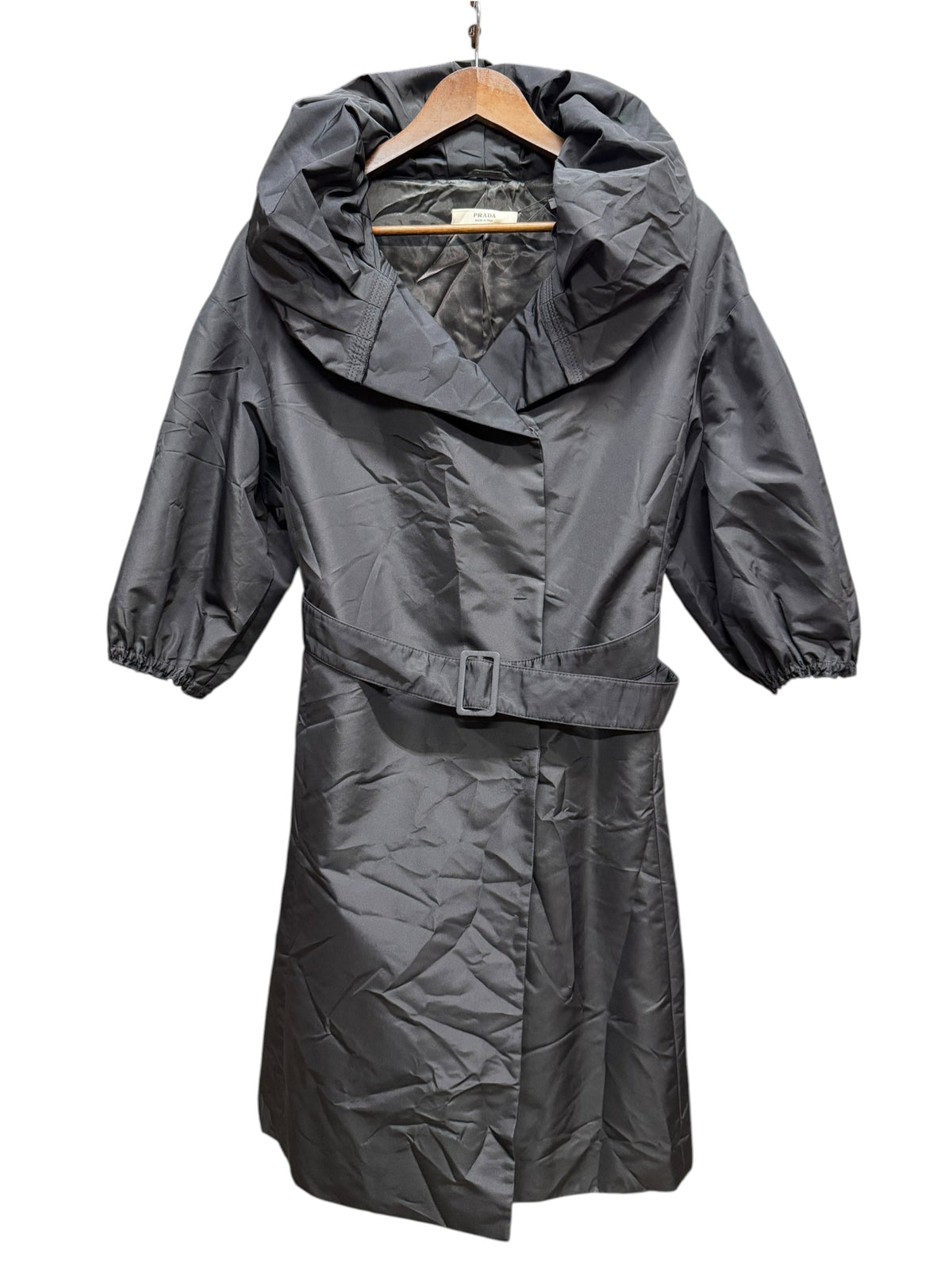 Prada Black Nylon Belted Hooded Trench Short Sleeves Coat