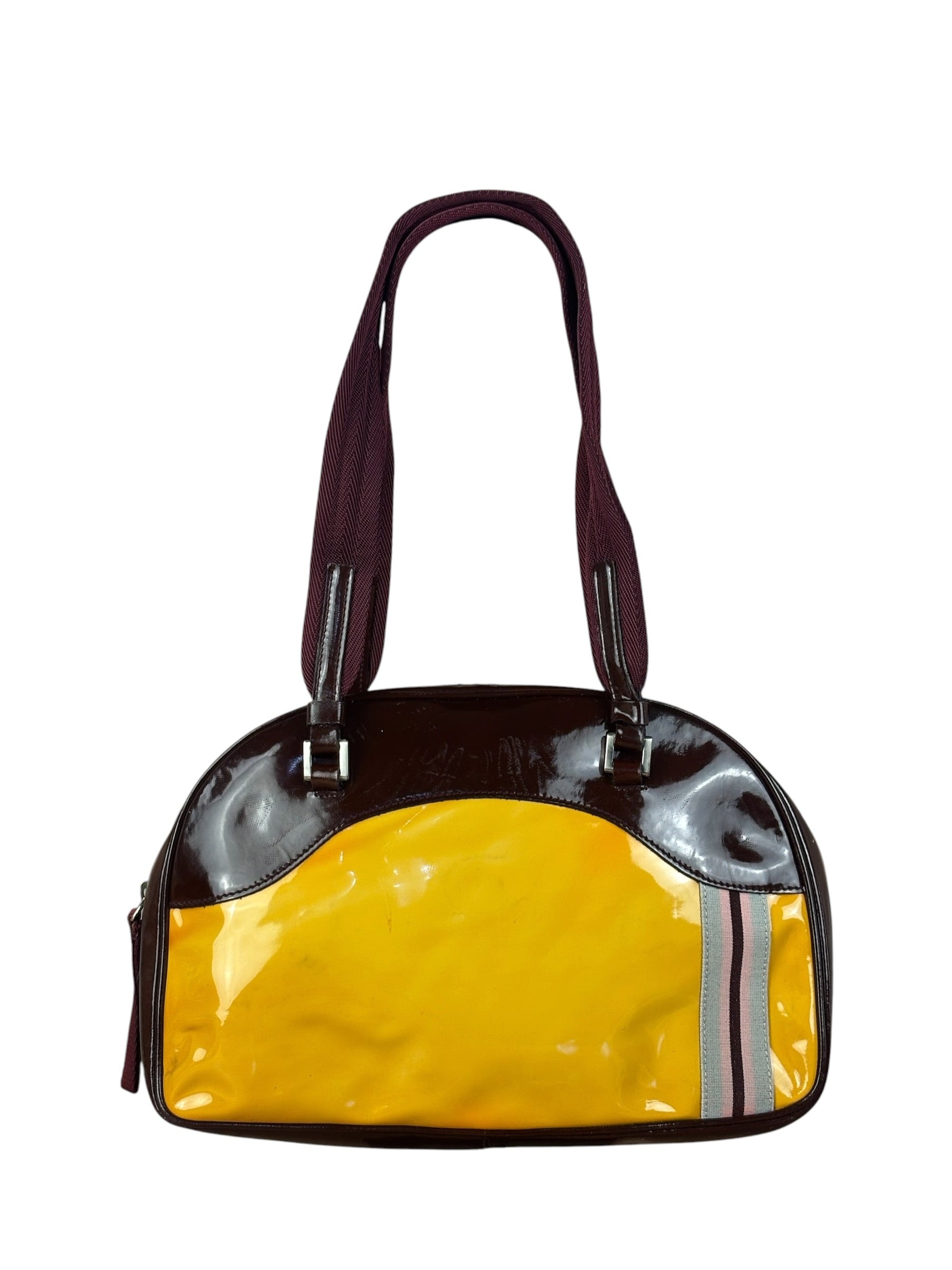 Prada Vintage Yellow/Burgundy Patent Leather Bowler Shoulder Bag