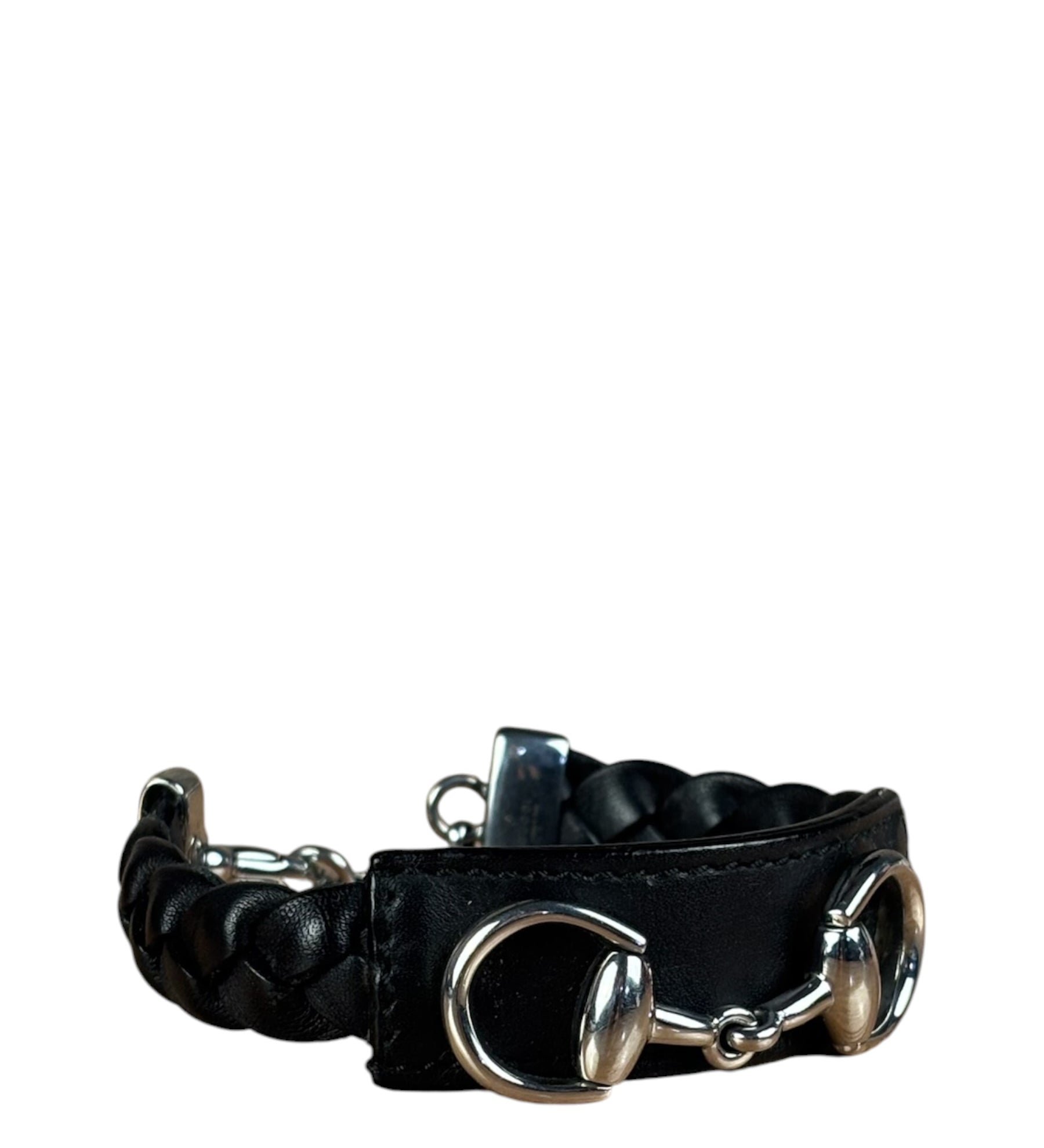 Gucci Black Braided Leather Horsebit Bracelet