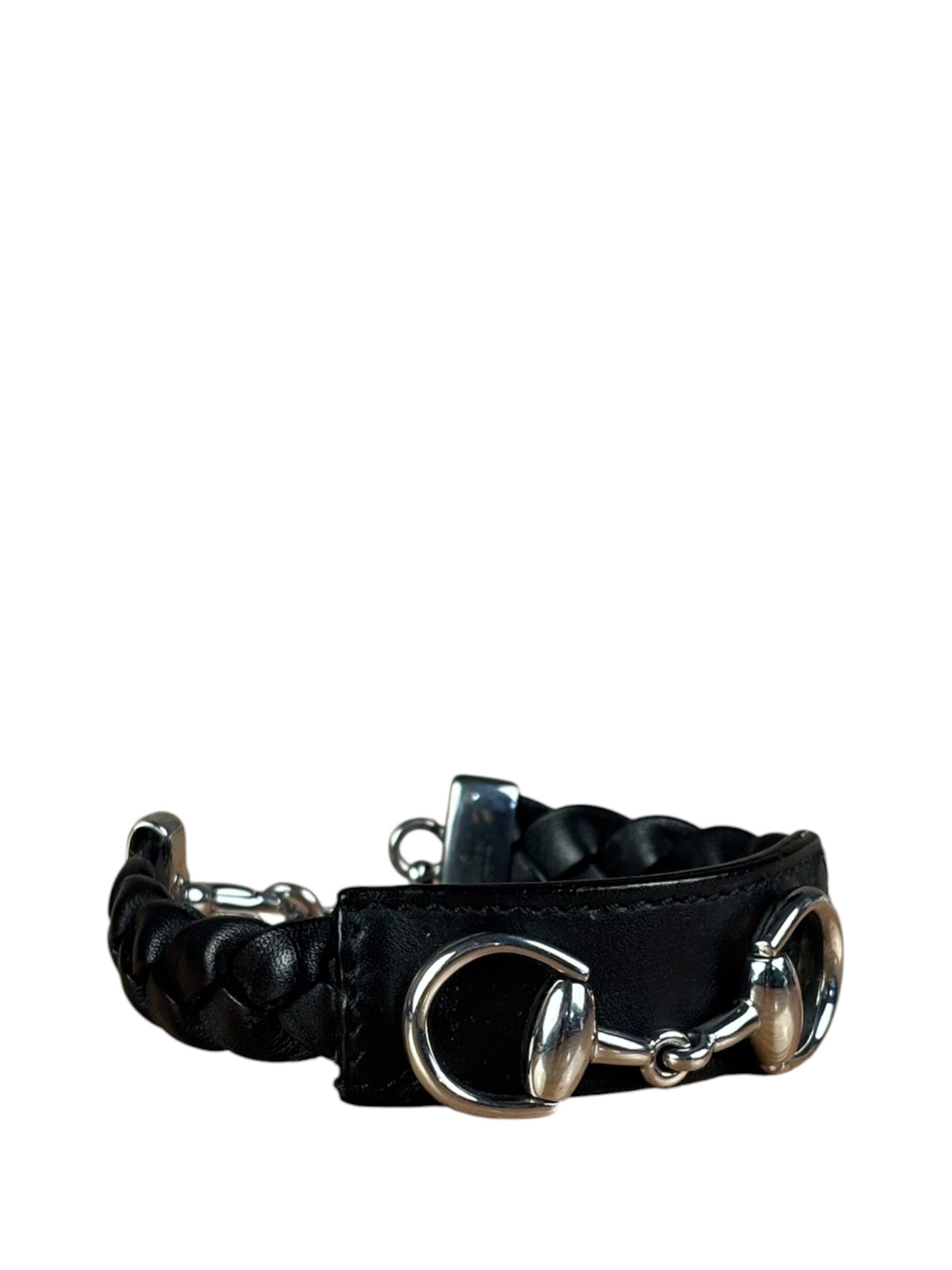 Gucci Black Braided Leather Horsebit Bracelet