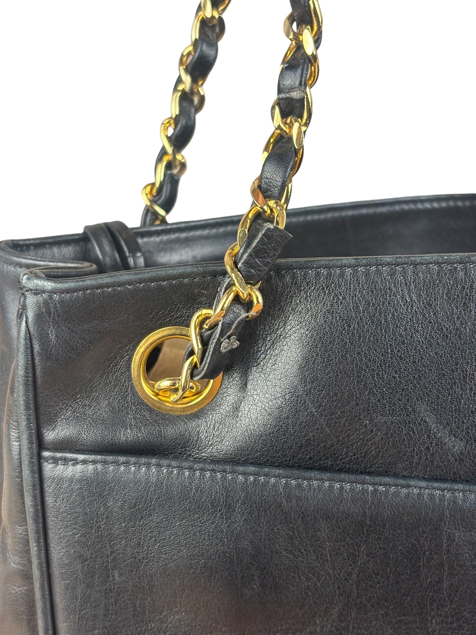 Chanel Vintage Black Leather Quilted Bottom Chain Tote Bag 1987