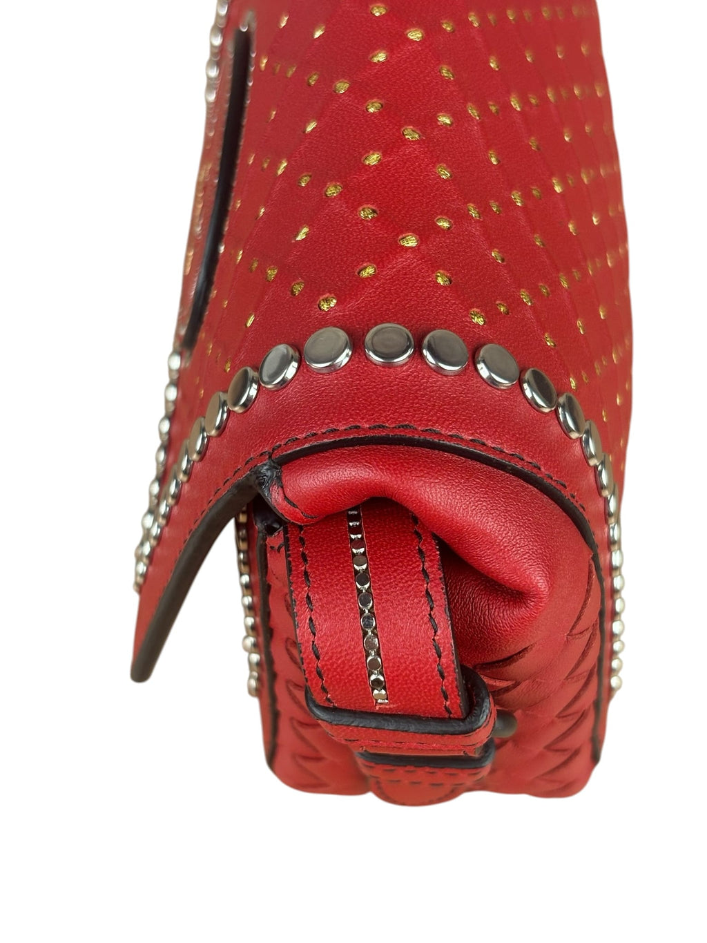 Bottega Veneta Red Leather Studded Intrecciato Flap Crossbody Bag