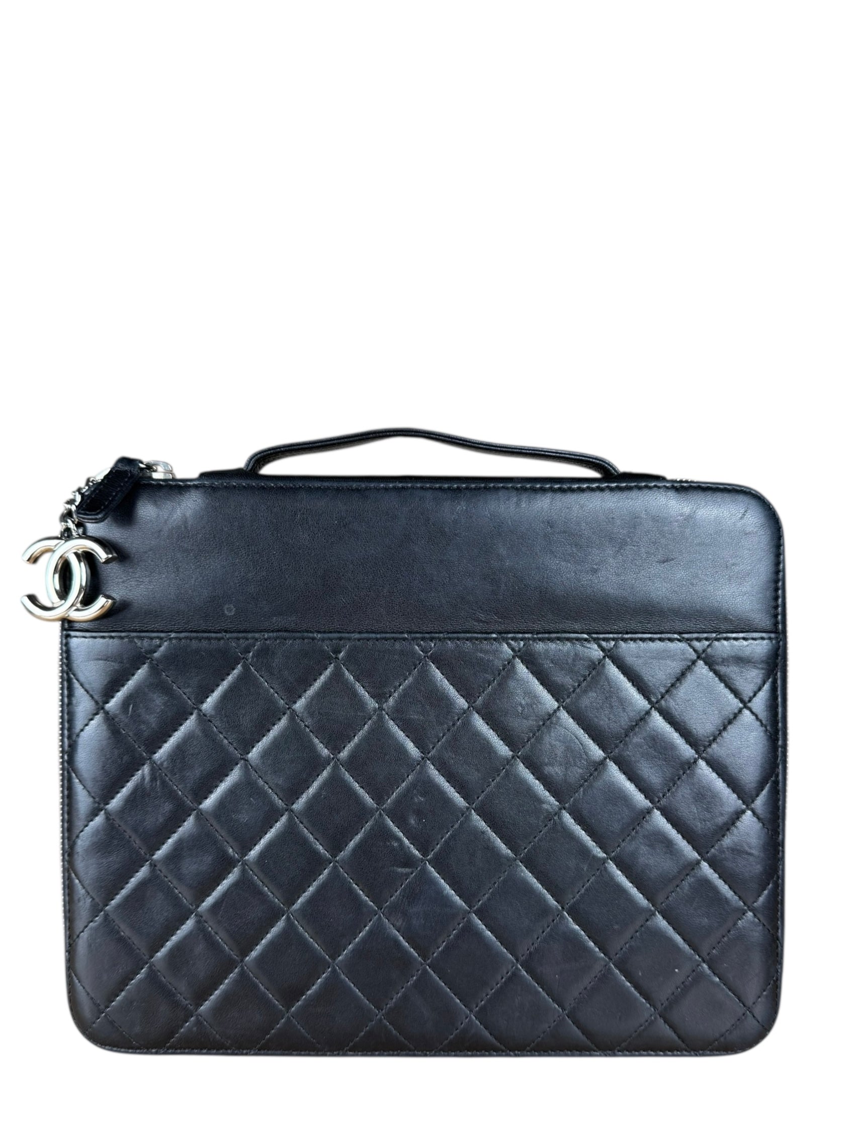 Chanel Black Quilted Caviar Leather Tablet Clutch Case