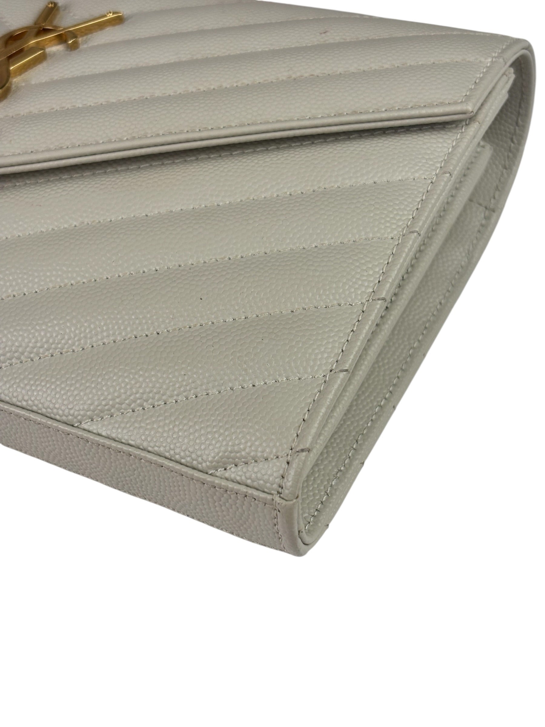 YSL Cream Pebbled Leather Cassandre Envelope Small Wallet On Chain