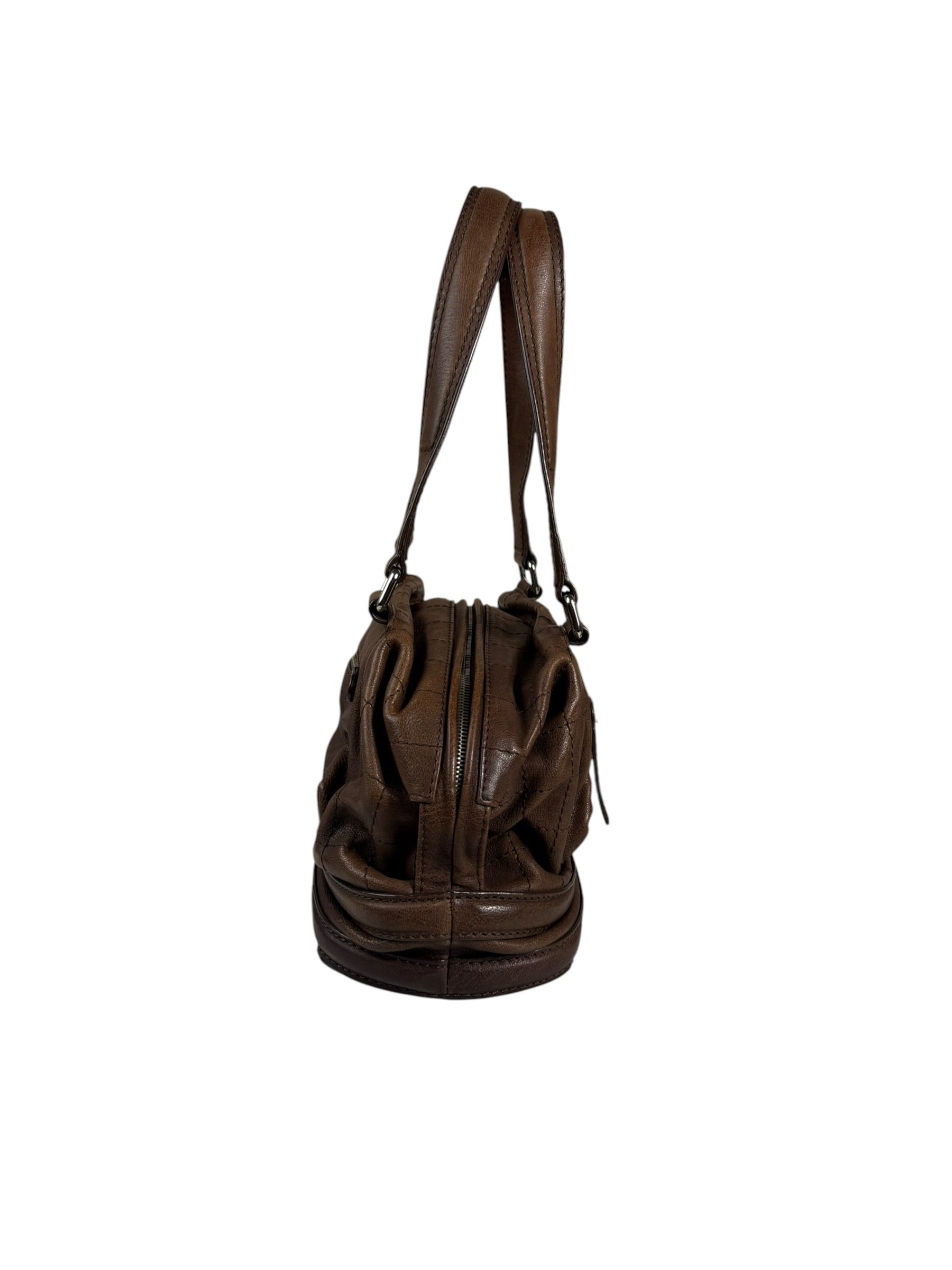 Chanel Brown Leather Essential Square Stitch Bowler Bag 2007