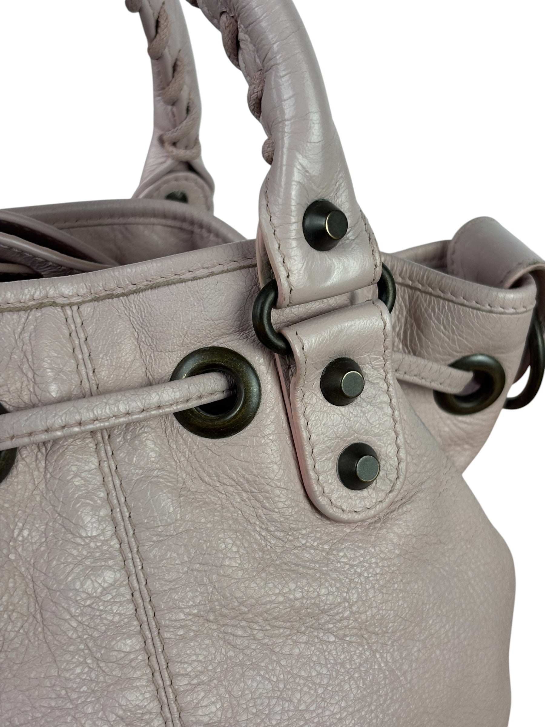Balenciaga Baby Pink Leather Pompon Moto City 2Way Bucket Bag