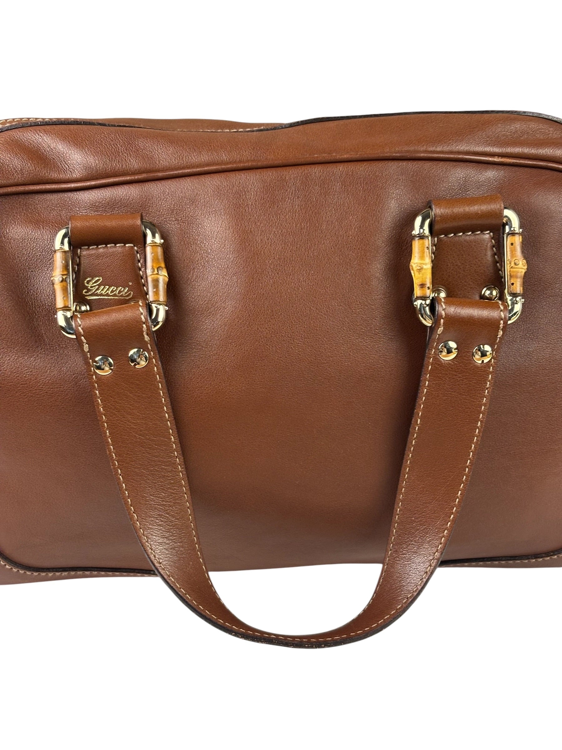 Gucci Tan Brown Leather Bamboo Handle Boston Bag