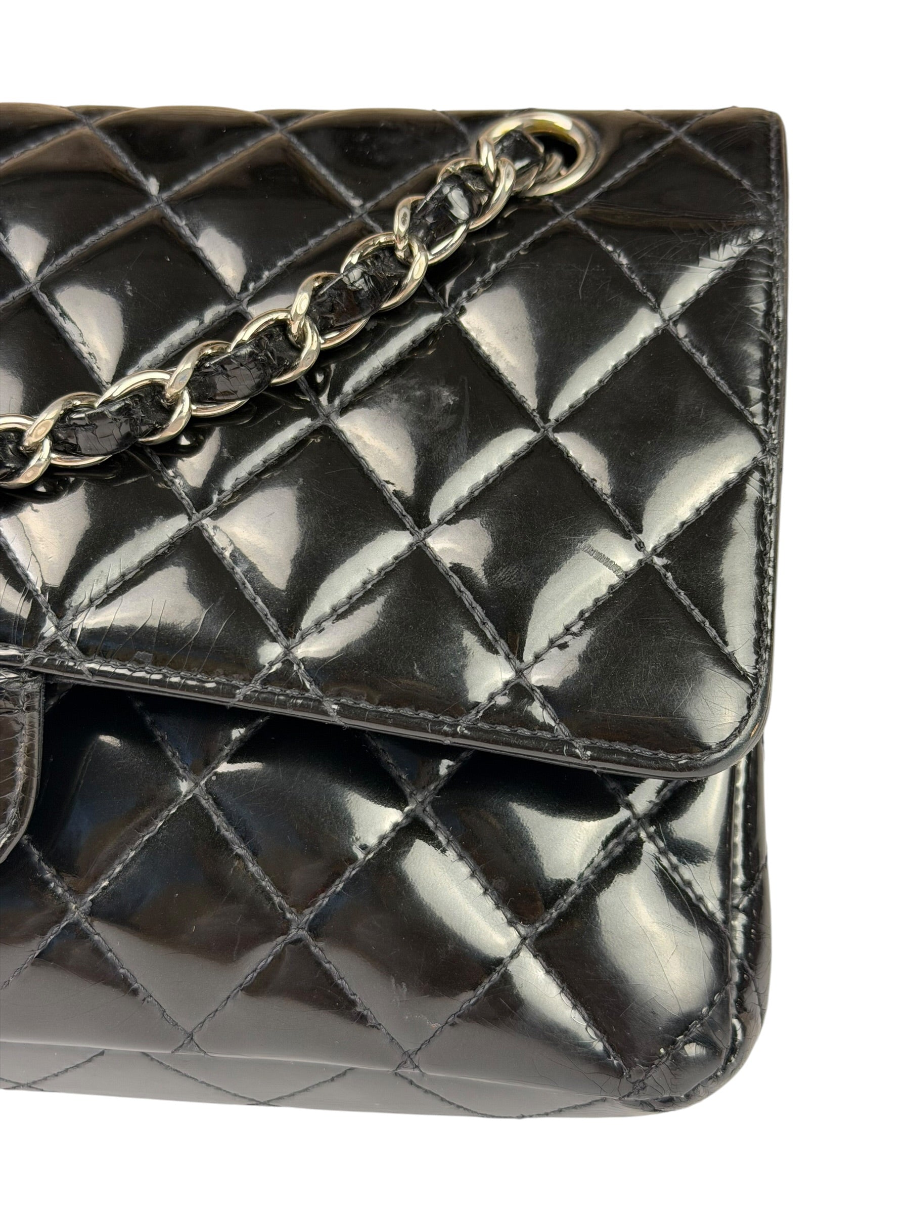 Chanel Black Patent Quilted Leather Double Flap Bag