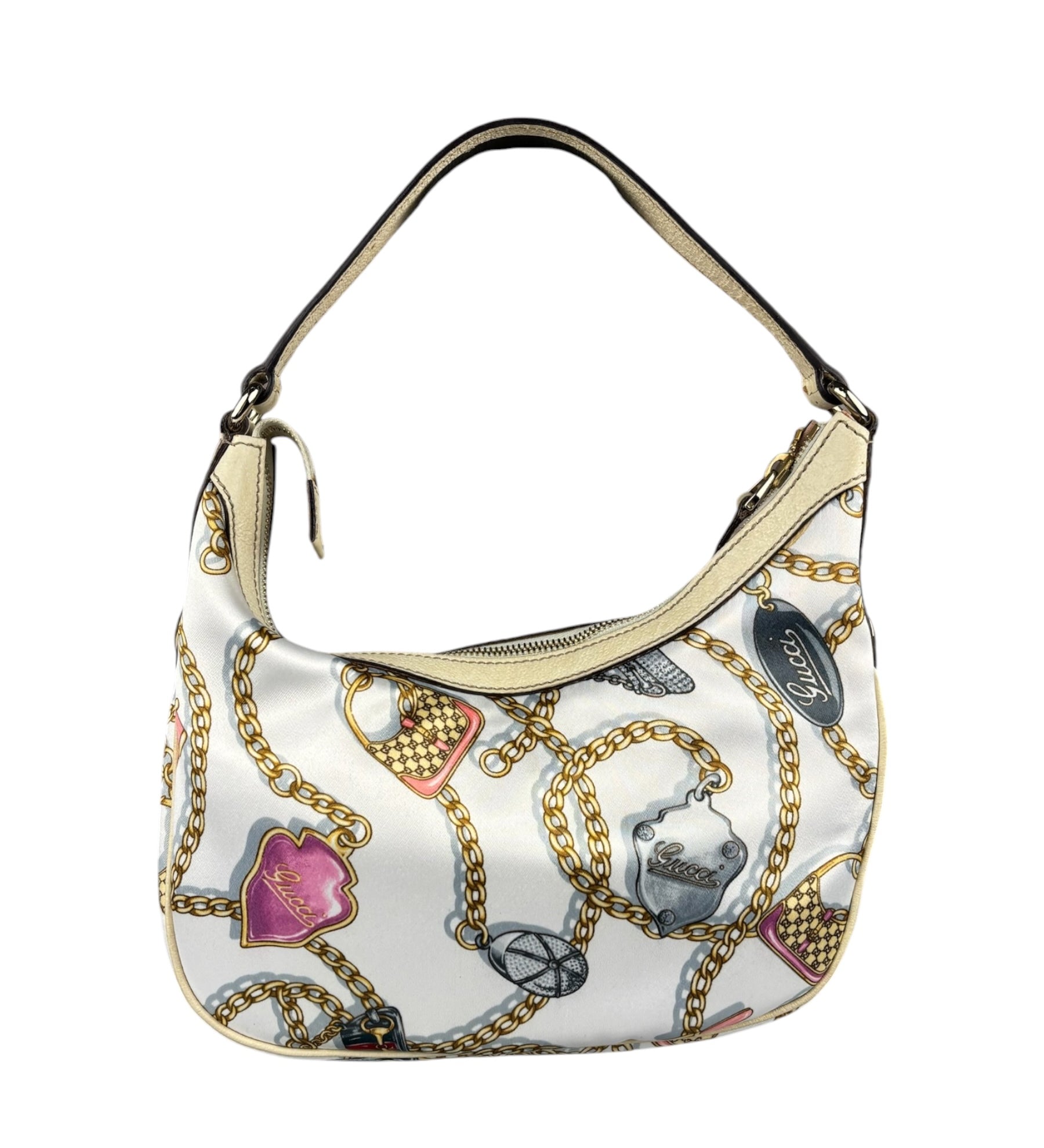 Gucci Vintage Printed Satin Silk Charmy Hobo Bag