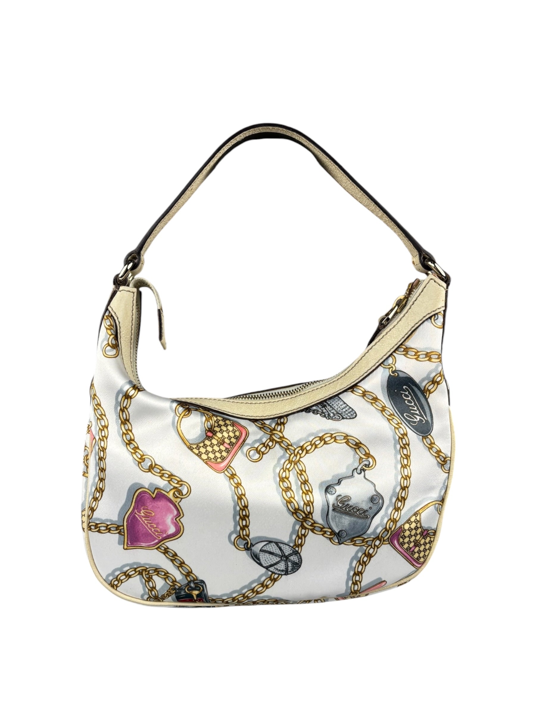 Gucci Vintage Printed Satin Silk Charmy Hobo Bag