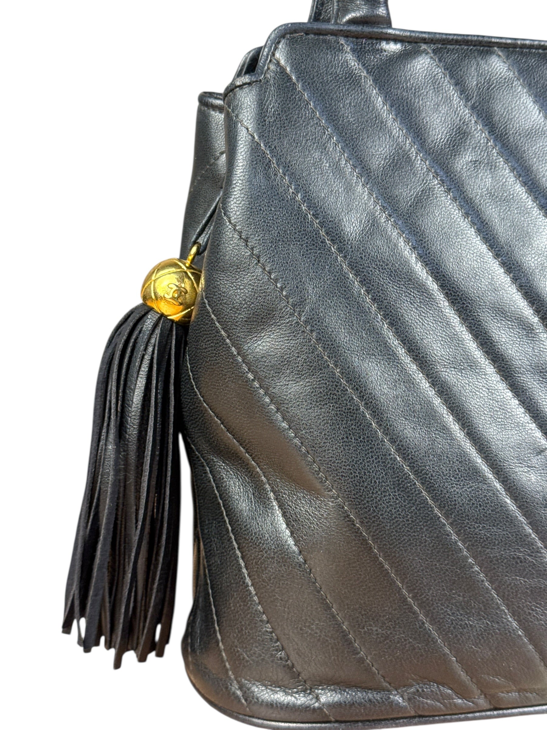 Chanel Black Chevron Quilted Tassel Fringe Tote 1992