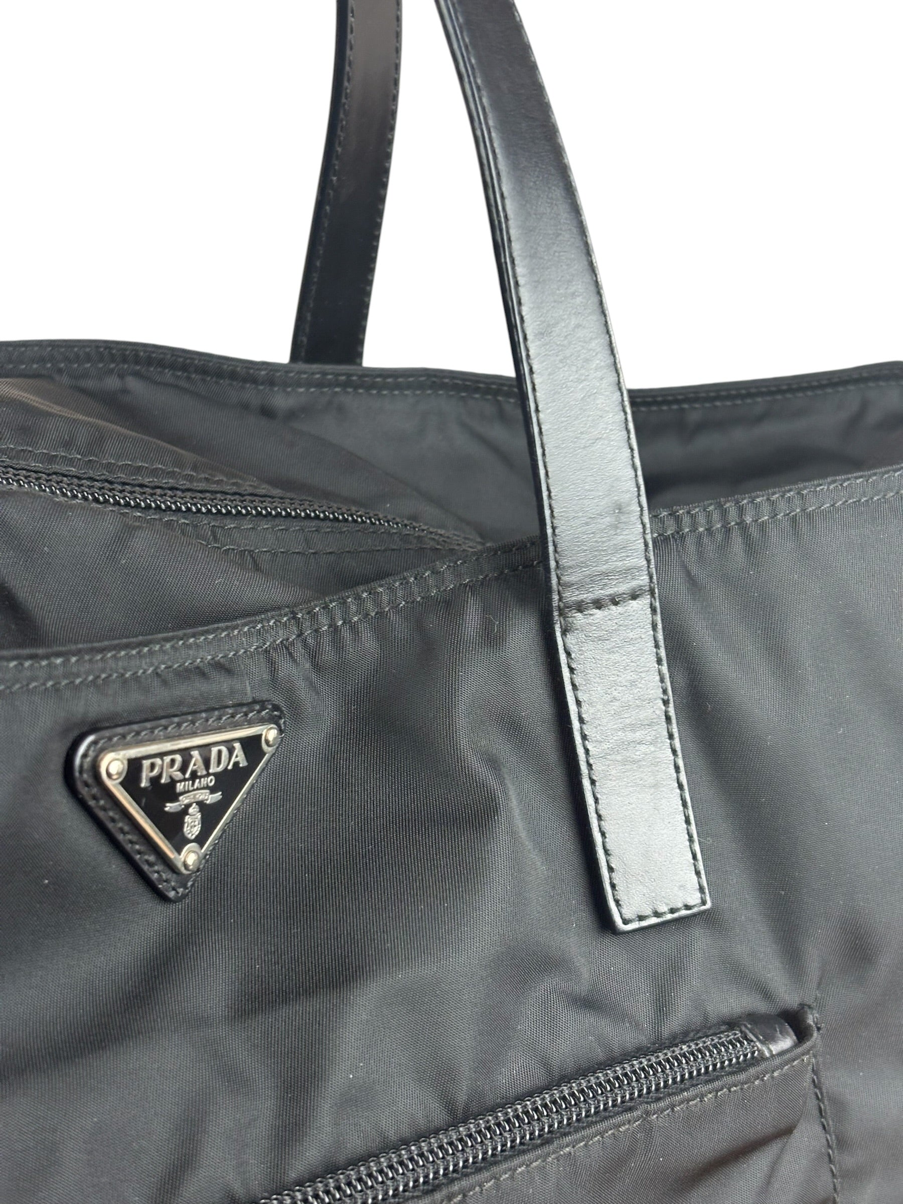 Prada Black Saffiano Leather Strap Tessuto Nylon Tote Bag