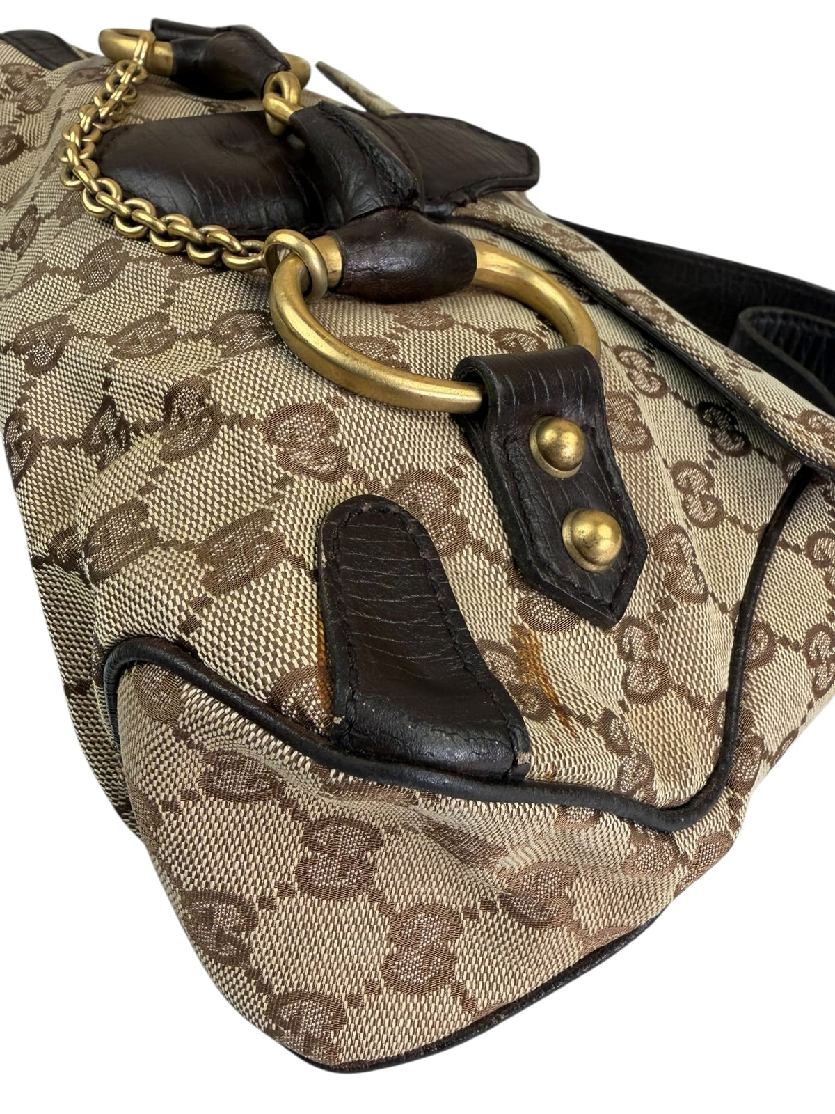Gucci Brown Leather Trim GG Horsebit Chain Shoulder Bag