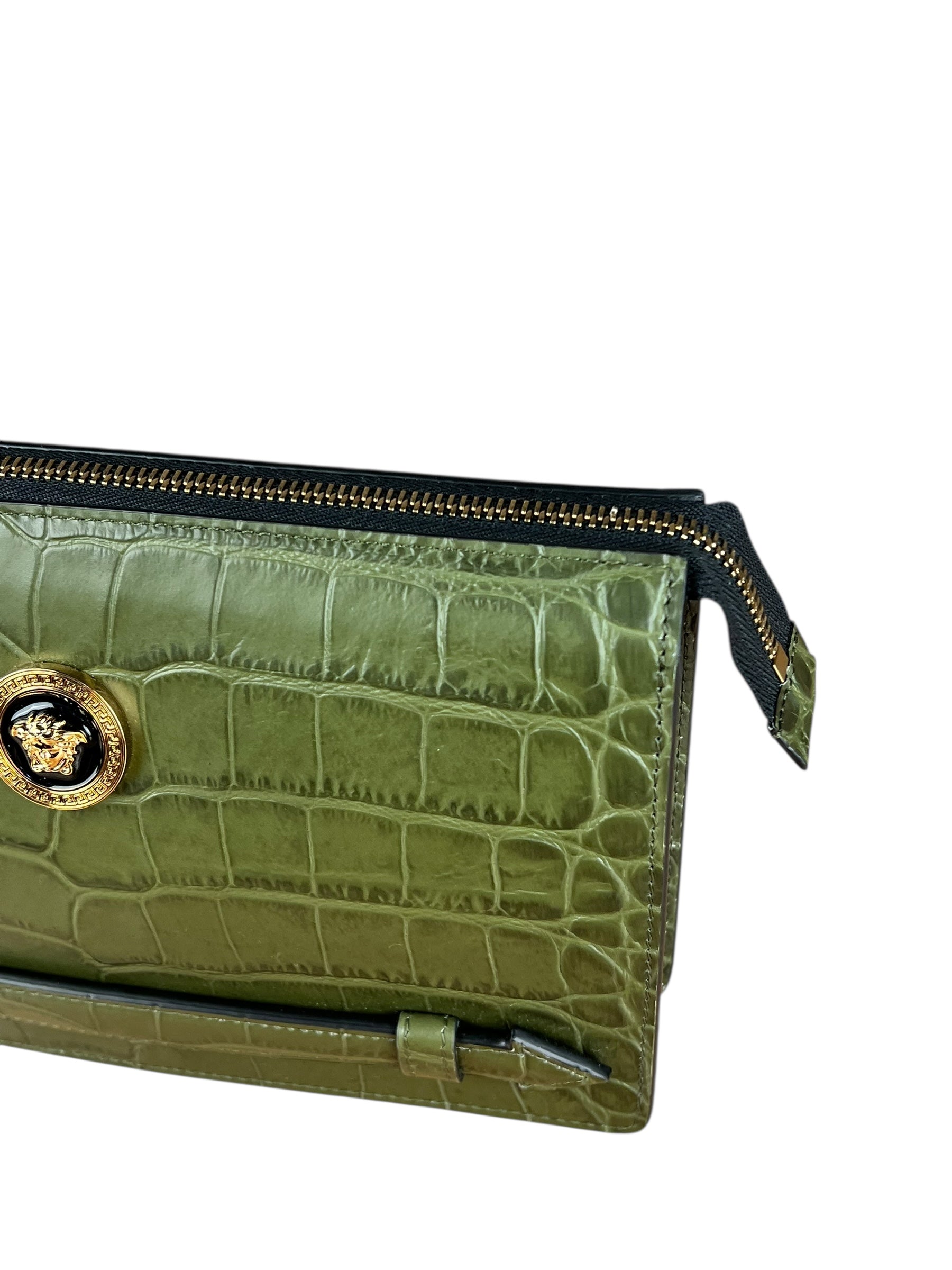 Versace Green Croc-Embossed Medusa Leather Clutch