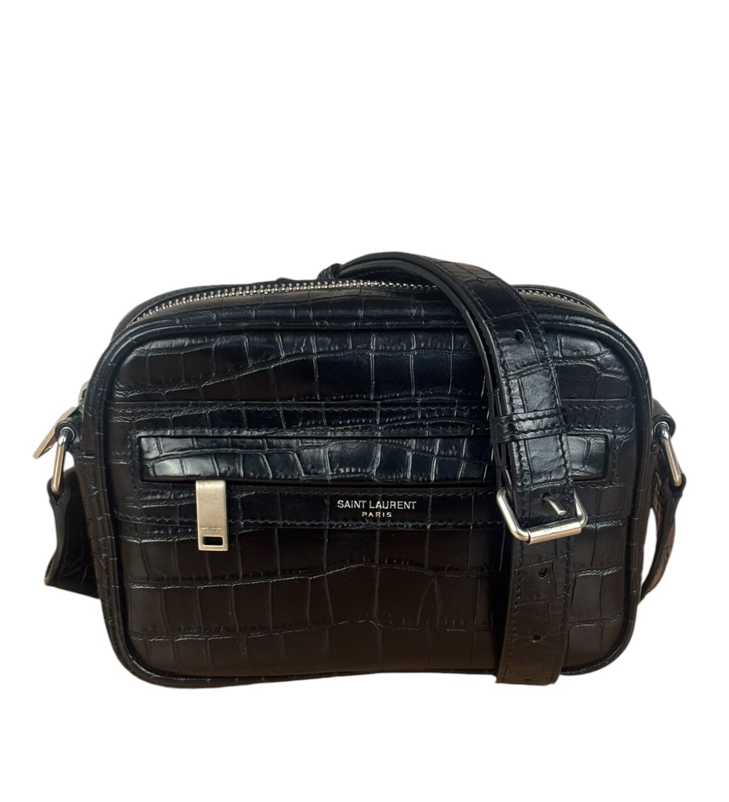 Saint Laurent Crocodile Embossed Leather Camera Bag Black
