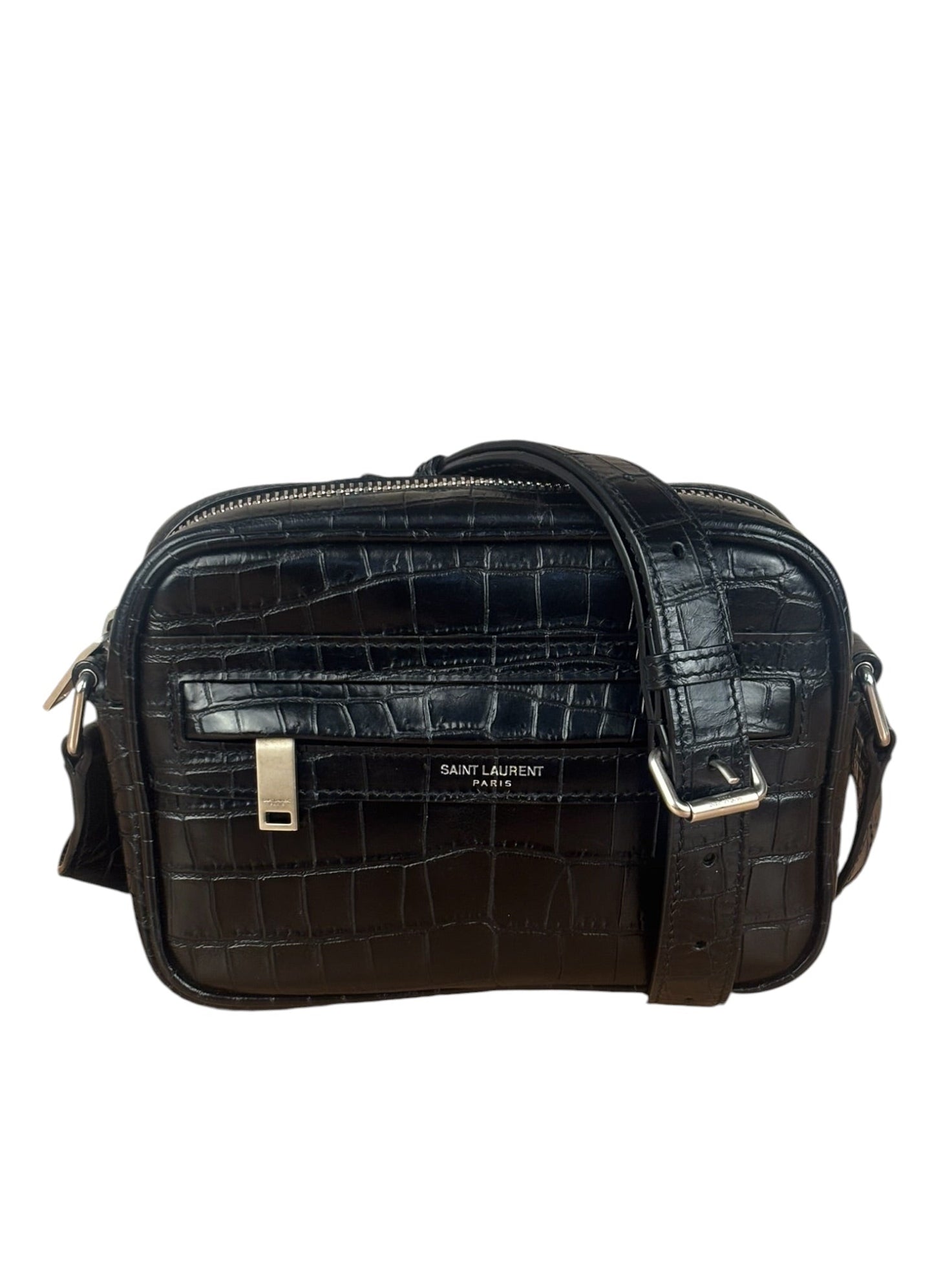 Saint Laurent Crocodile Embossed Leather Camera Bag Black