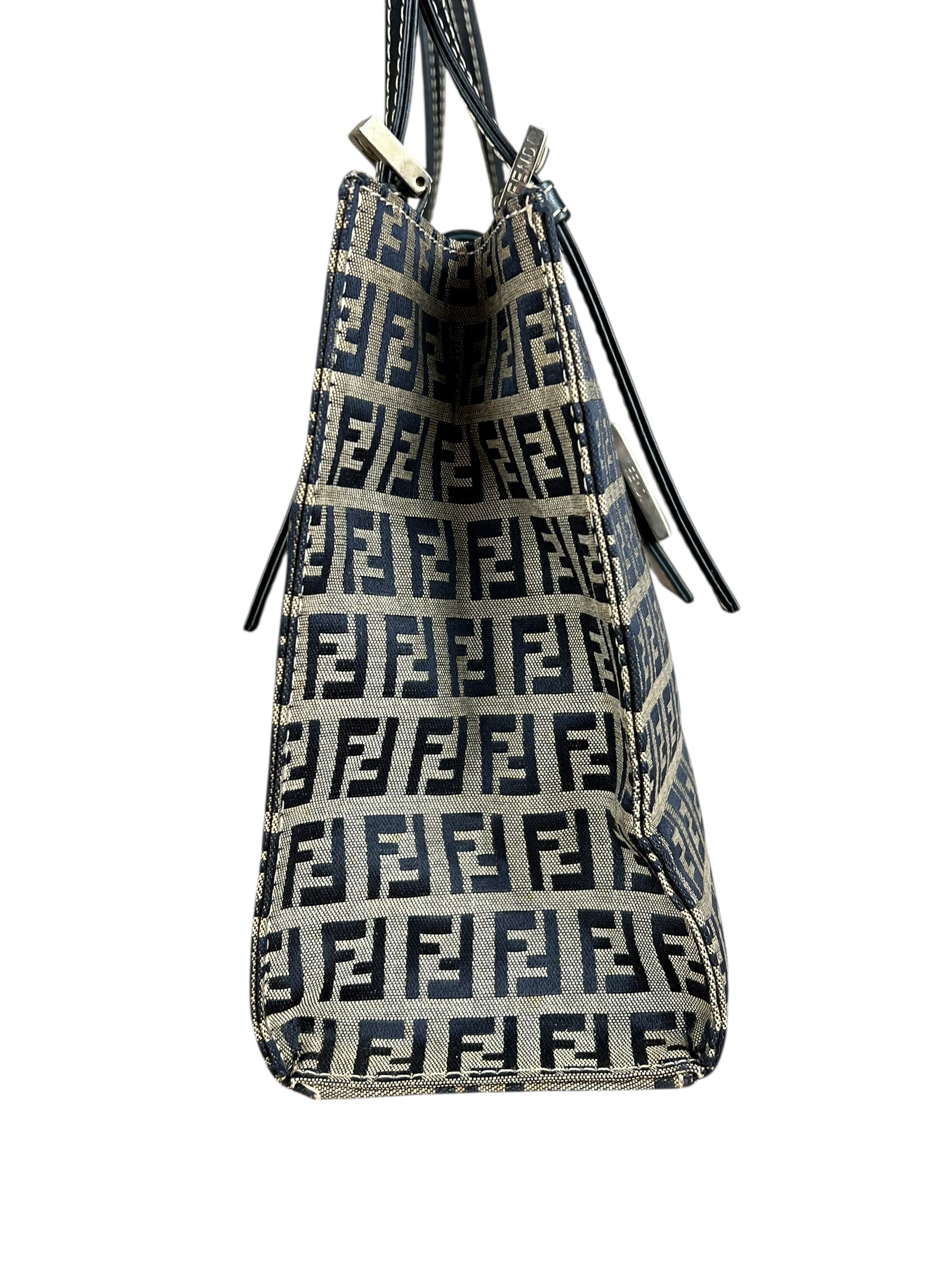 Fendi FF Buckle Navy Zucca Tote Handbag