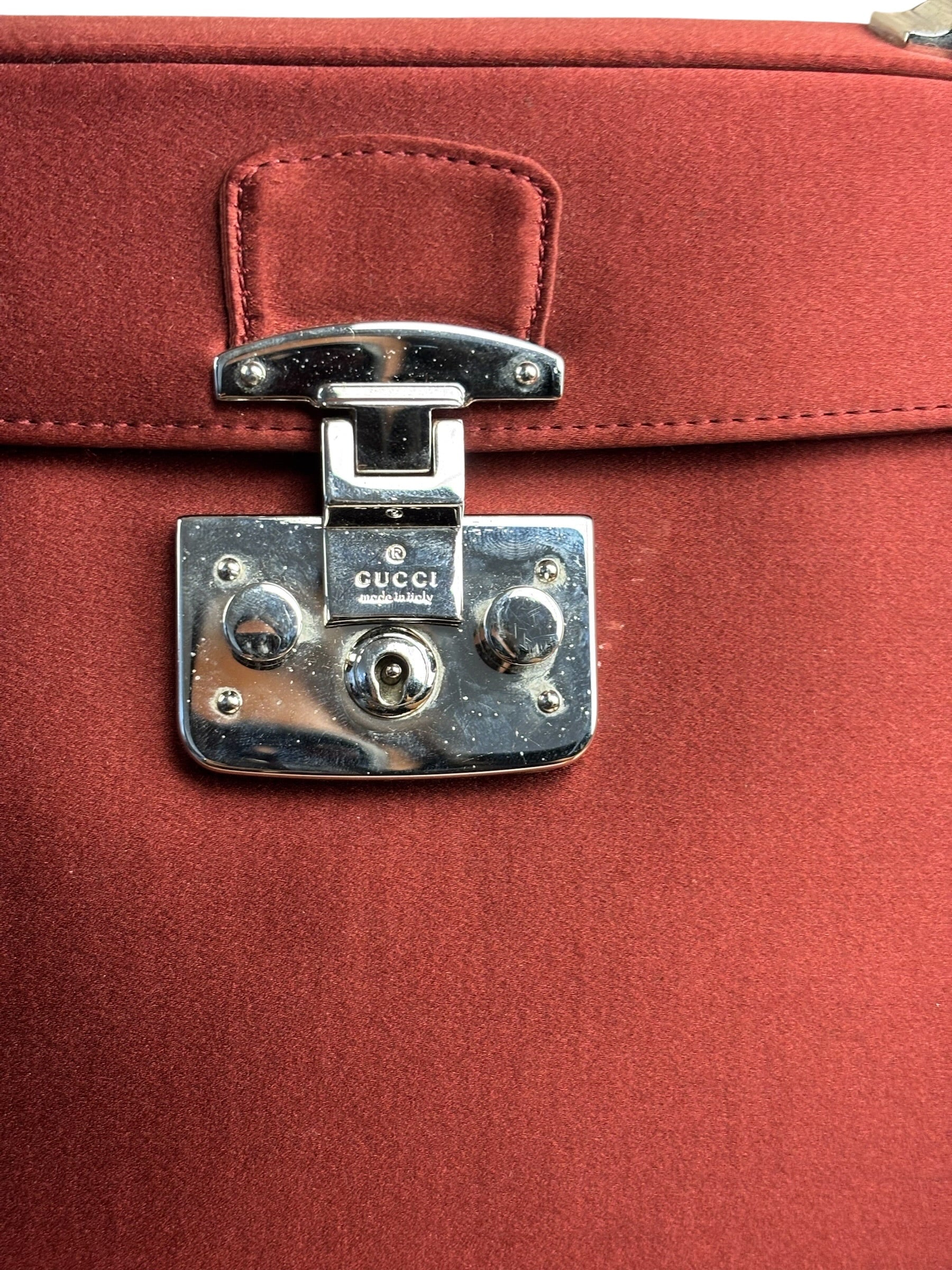 Gucci Burgundy Satin Bamboo Top Handle Bag