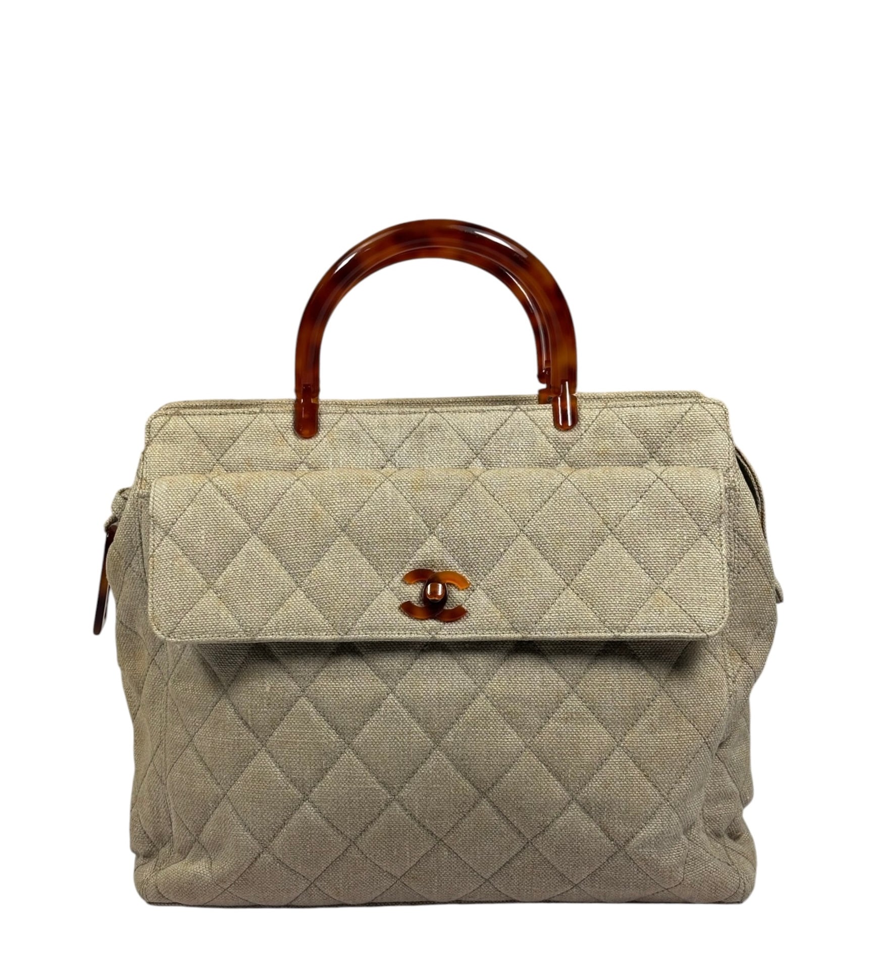 Chanel Vintage Beige Quilted Denim  Tortoise Tote 1996