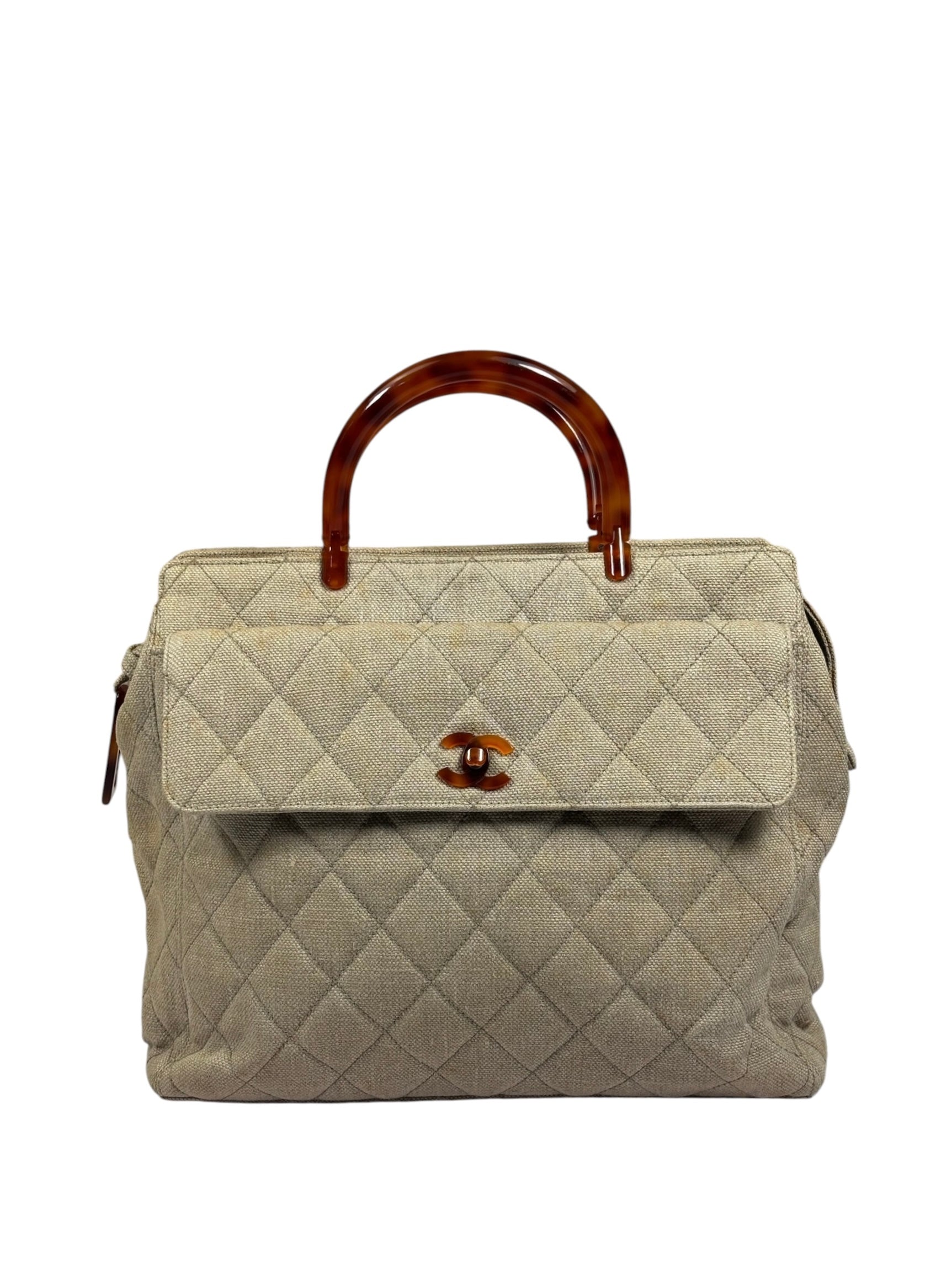 Chanel Vintage Beige Quilted Denim  Tortoise Tote 1996