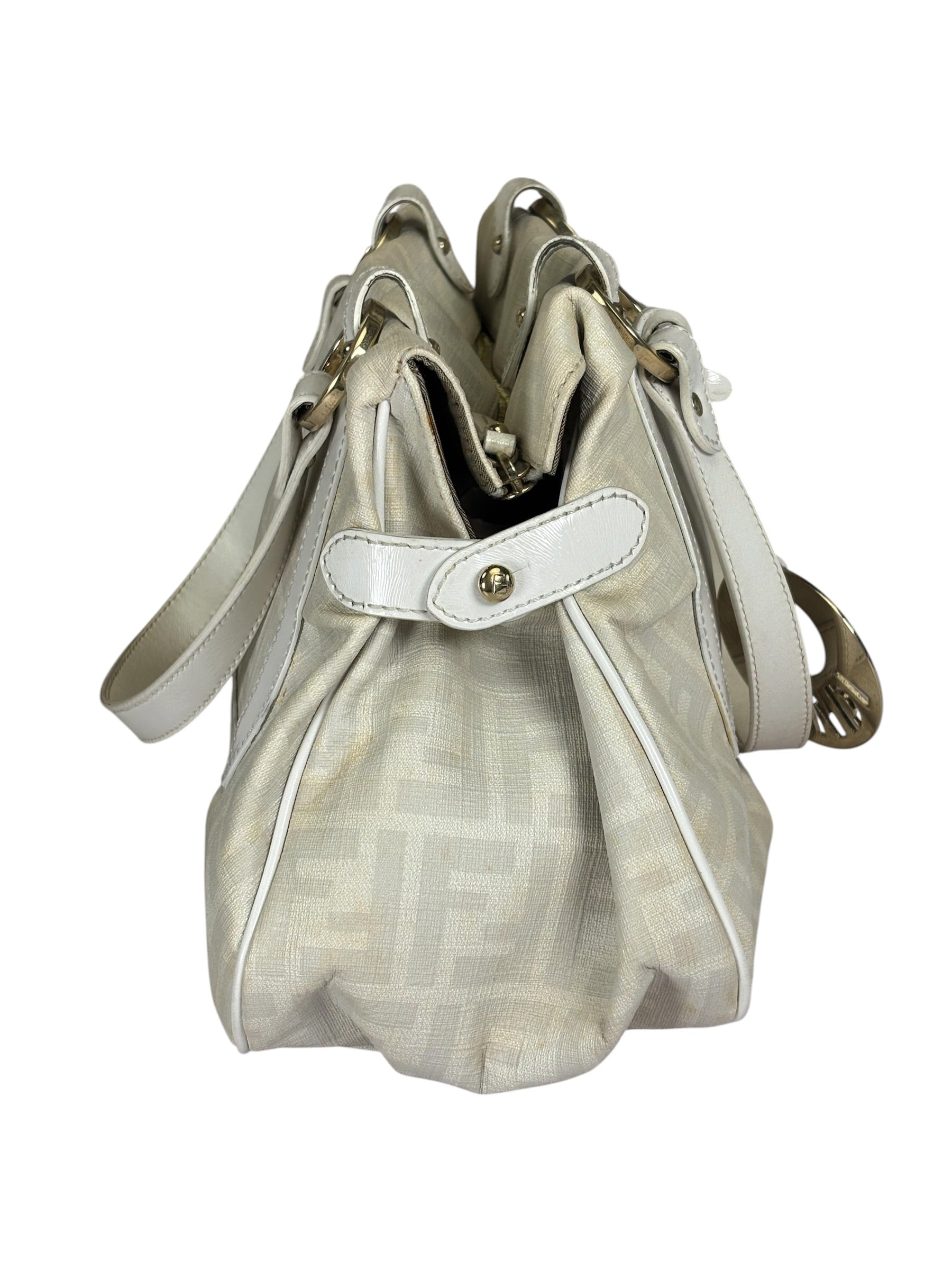 Fendi White Leather PVC Coated Zucca Spalmati Chef Shoulder Bag