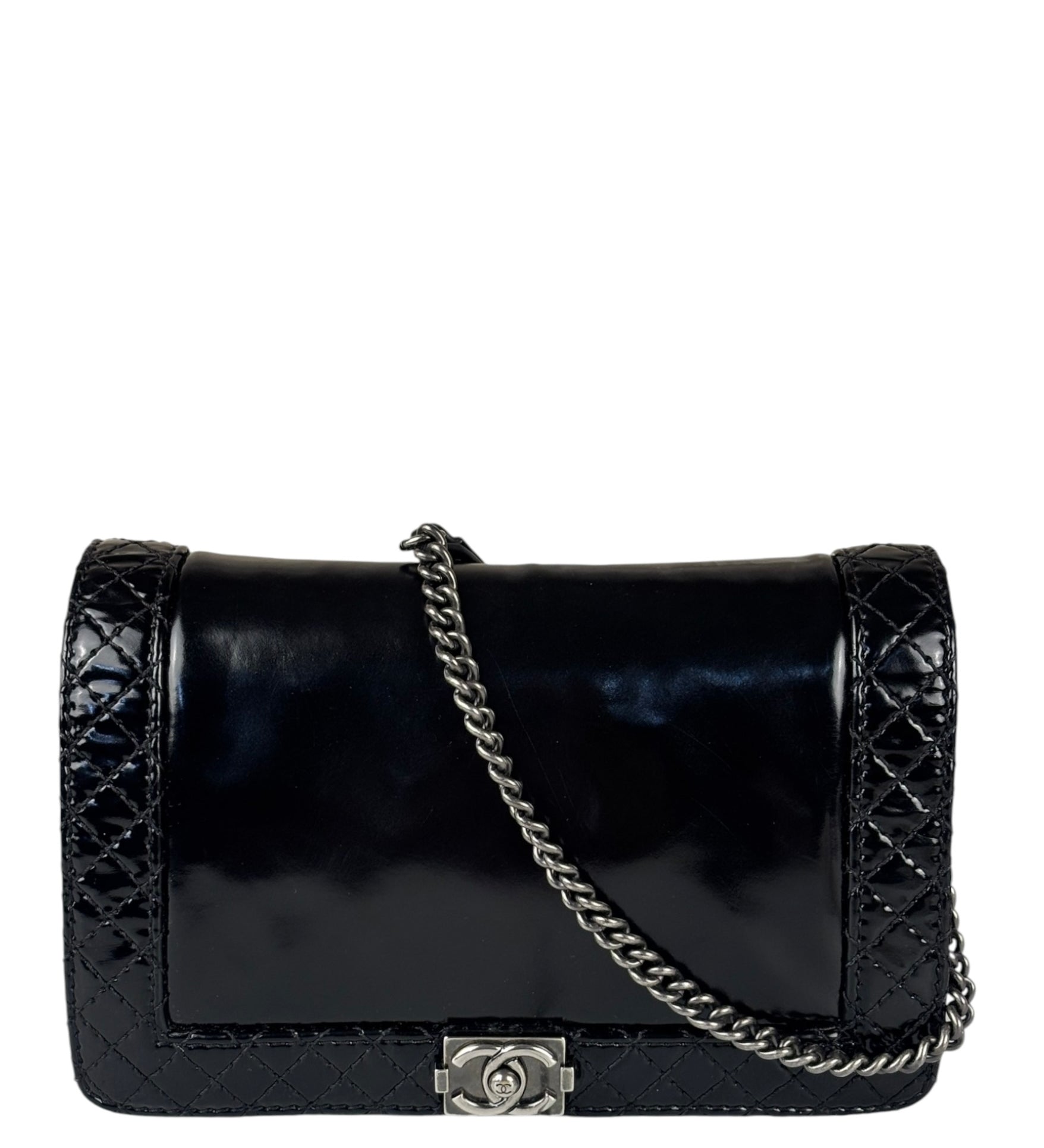 Chanel Black Patent Leather Boy Wallet on Chain Bag 2014