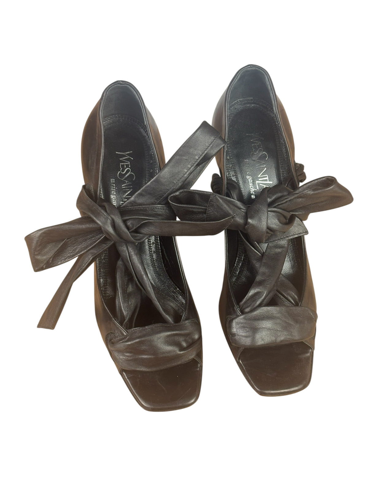 Yves Saint Laurent Black Leather Open Toe Ankle Wrap Pumps